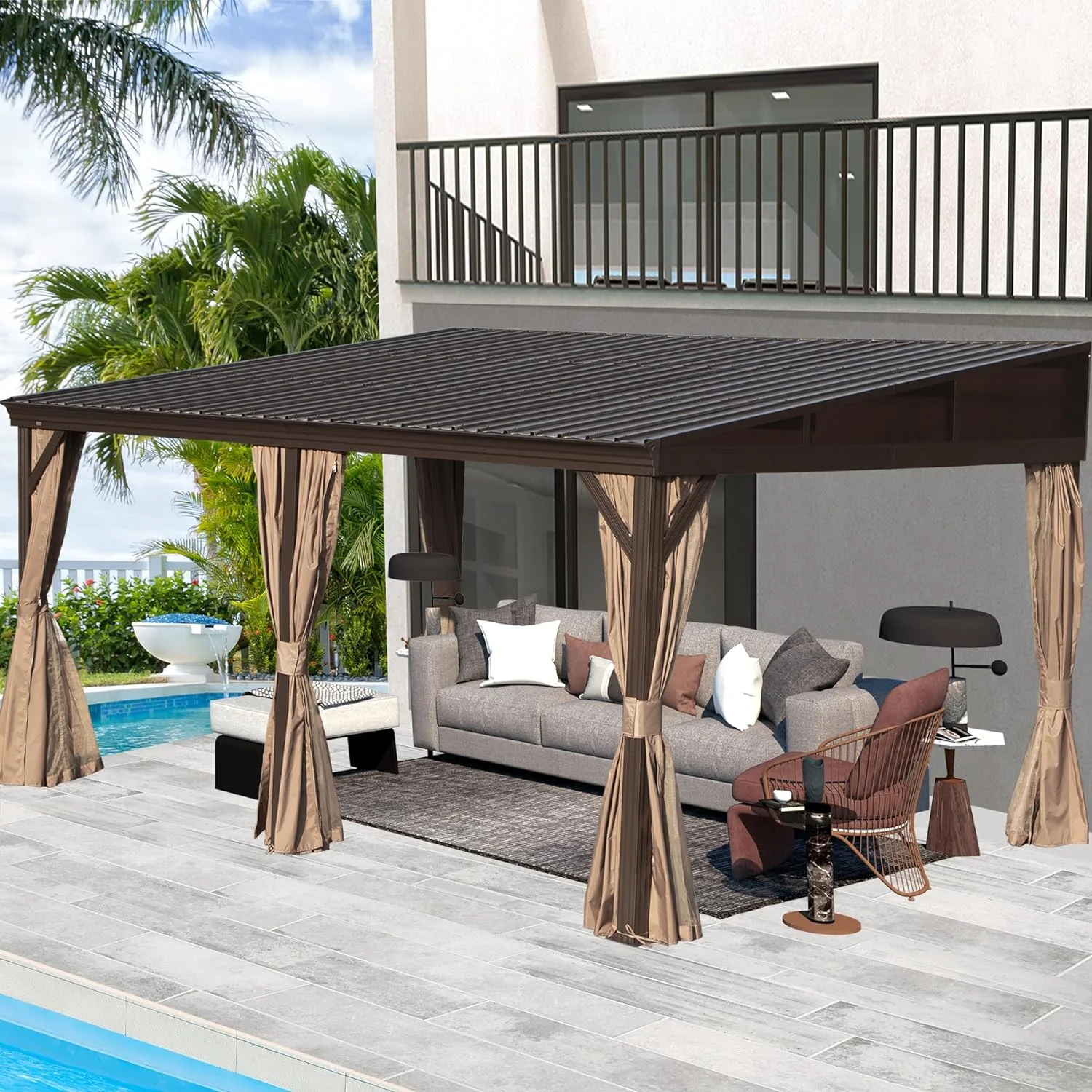 Domi 12x16FT Lean to Gazebo, Outdoor Hardtop Wall Mounted Gazebo with Sloping Galvanized Steel Roof, Durable Aluminum Frame, Netting Curtain for Deck, Porch, Backyard