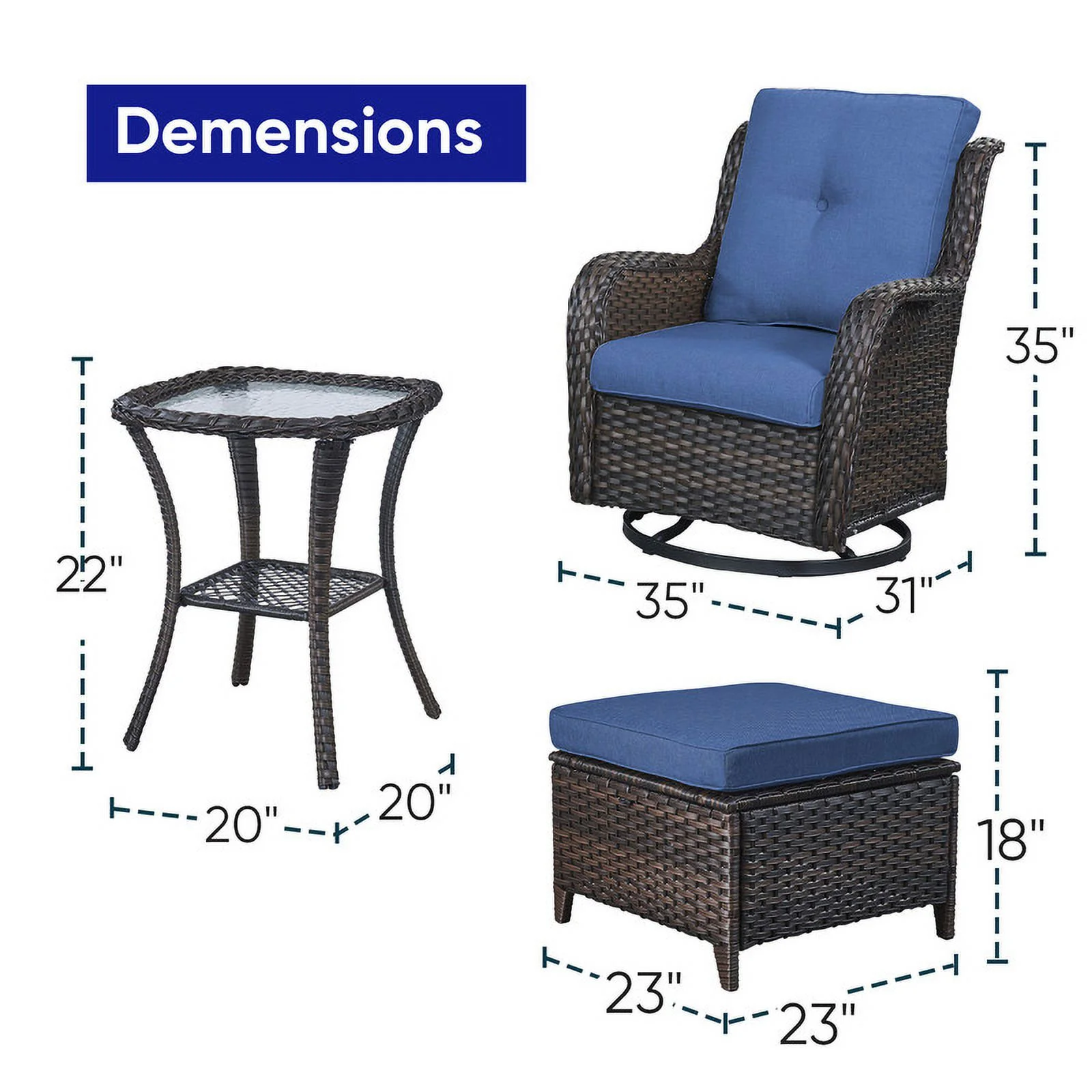 PARKWELL 5-Piece Outdoor Conversation Sets,Wicker Swivel Gliders with Ottomans,Side Table,Patio Seating Furniture with Blue Cushions,Brown Wicker