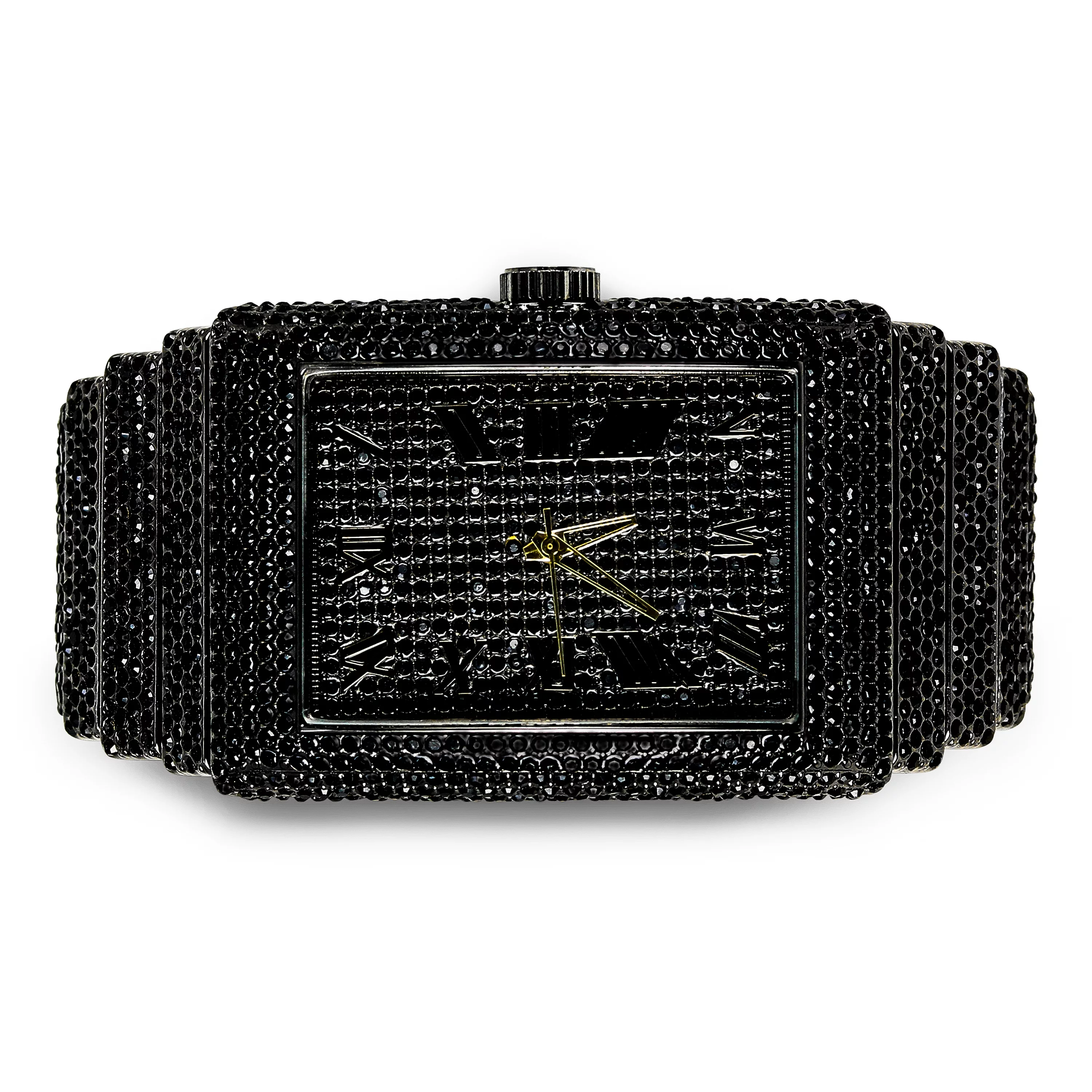 Men's Rectangle Iced Out Diamond Watch - Brilliant Crystals, Bling-ed Out Roman Dial, Iced Bezel - Fully Iced Out Band with Adjustable Sizing - Gun Black Finish - Luxury Timepiece