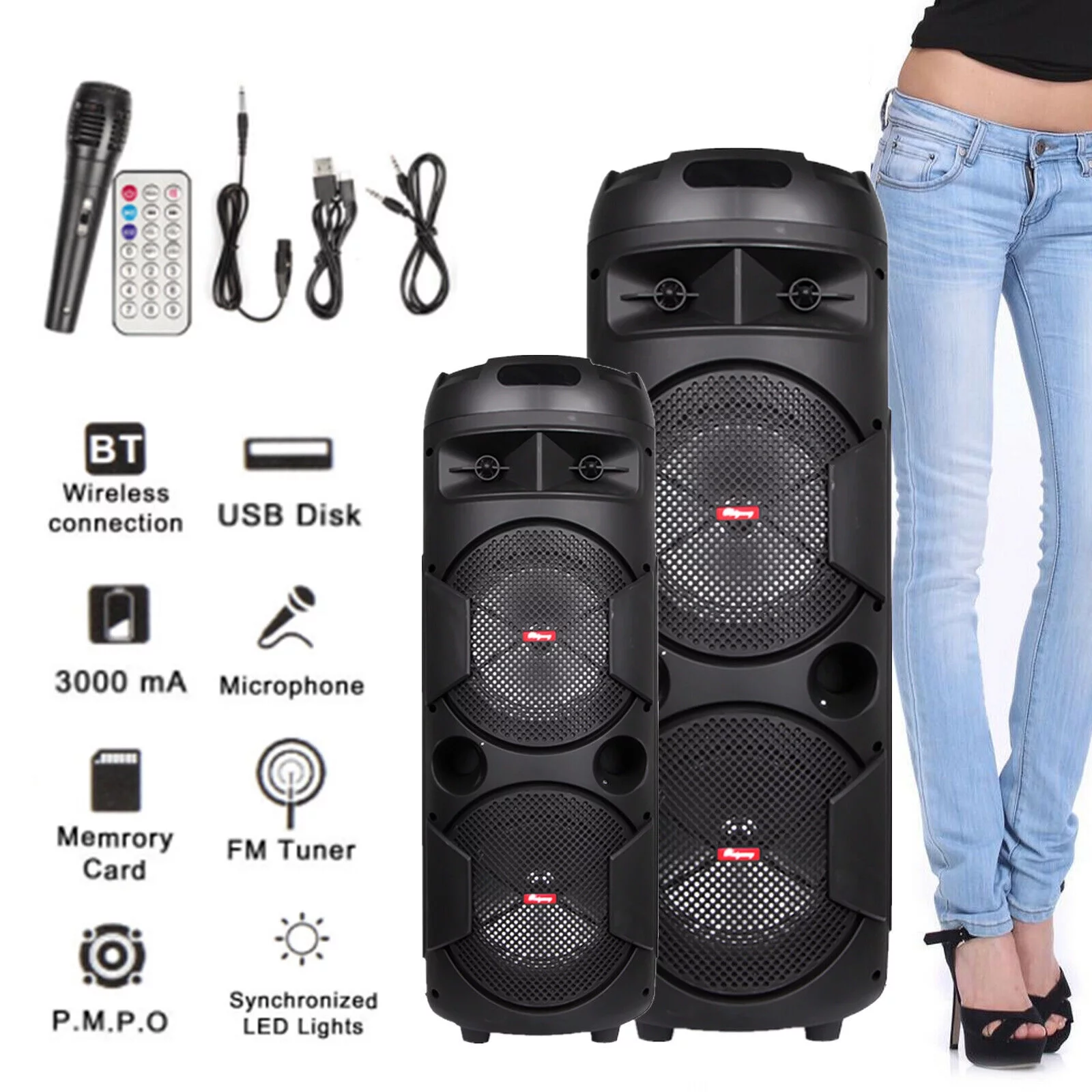 BEYGO Portable Party Speaker with Double Subwoofer Heavy Bass,Bluetooth 5.0 Wireless Outdoor Speaker with Mic,Stereo Sound, for Home,Party,Travel,Support FM Radio,Black