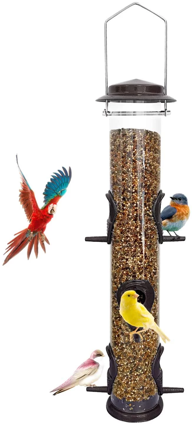 Urban Deco Metal Bird Feeder Tube Hanging Wild Bird Seed Feeder, Steel Hanger Great for Attracting Birds (Coffee)