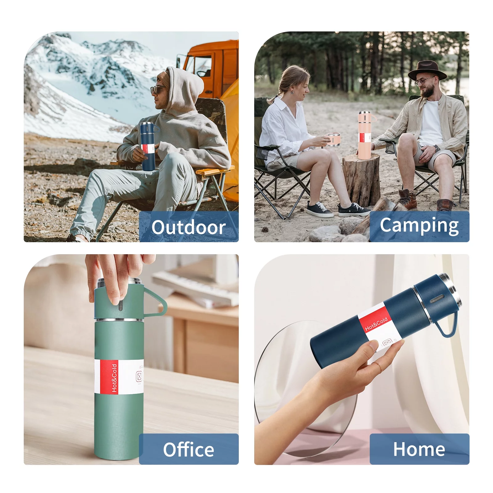 Tomshoo 500mL Insulated Bottle with 2 Extra Cups Stainless Steel Coffee Travel Mug Vacuum Insulation Technology Never Rust or Break Suitable for Gym and Yoga