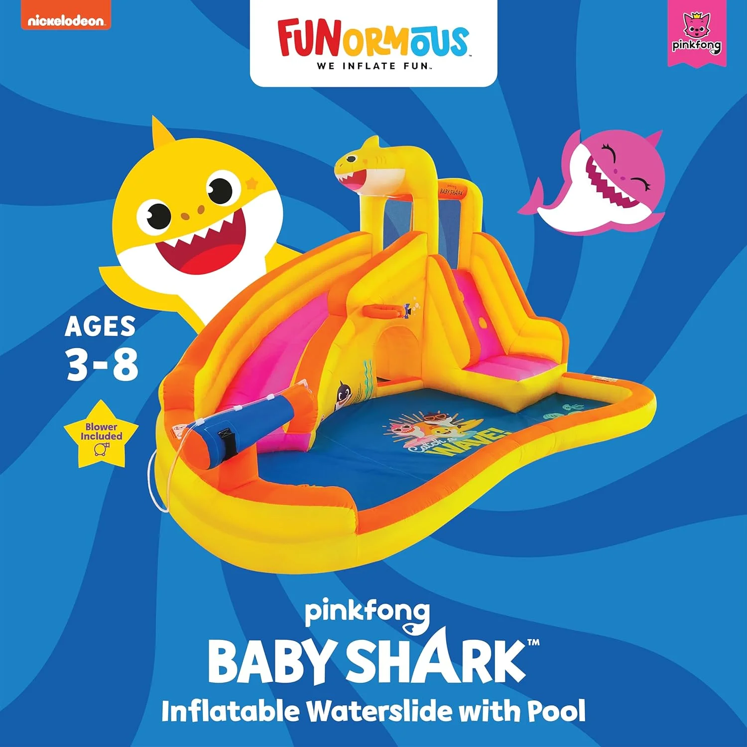Funormous Baby Shark Bounce House with Slide Wet or Dry, Pink Fong Inflatable Water Slide, Party Outdoor Curve Waterslide Fun, Kids Backyard Water Park, Includes Water Sprayer, Pool & Blower