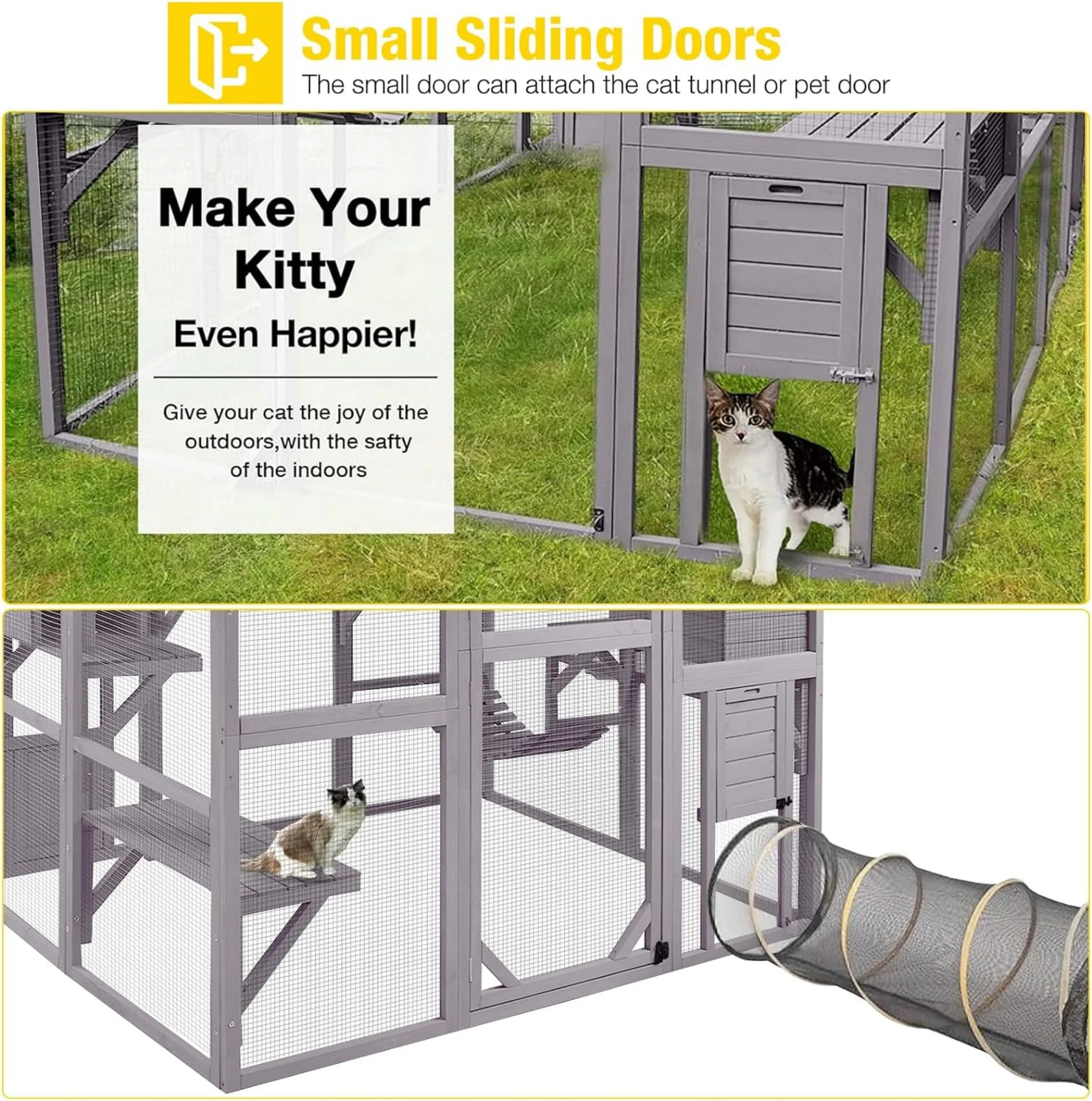 Morgete Large Cat Catio Walk-in Enclosure Wooden Cage with Bridges, Platforms, Rest Rooms, Roof Cover