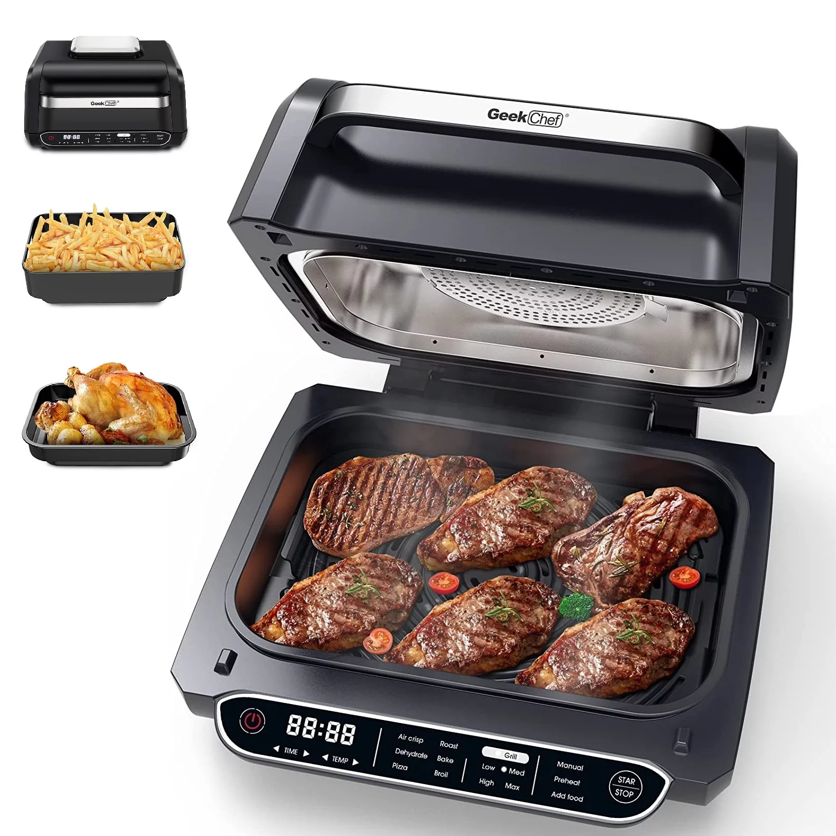 Smart Air Fryer Indoor Grill Combo, 7-in-1 Electric Grills Smokeless & Oilless Cooker, Roast, & Bake Temp & Time Control Grills, with Removable Non-stick Grill Plate