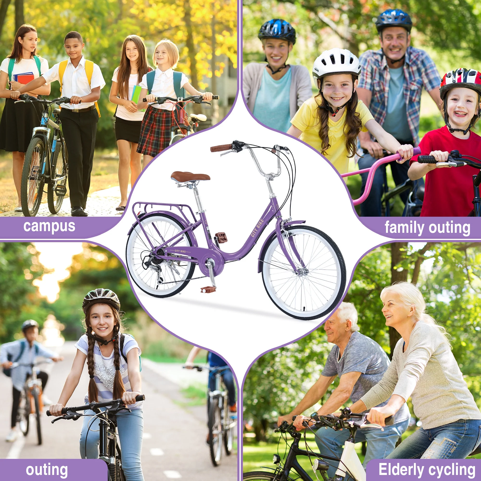 22 Inch Womens Beach Cruiser Bike, City Bike 7 Speeds Steel Frame with Rear Rack, Commuter Bicycle Purple