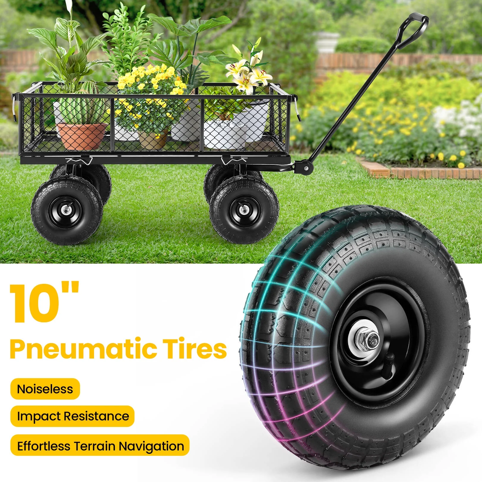 SEJOV Steel Garden Cart, Heavy Duty 660 LBS Capacity, with Removable Mesh Sides to Convert into Flatbed, Utility Metal Wagon with 180° Rotating Handle and 10