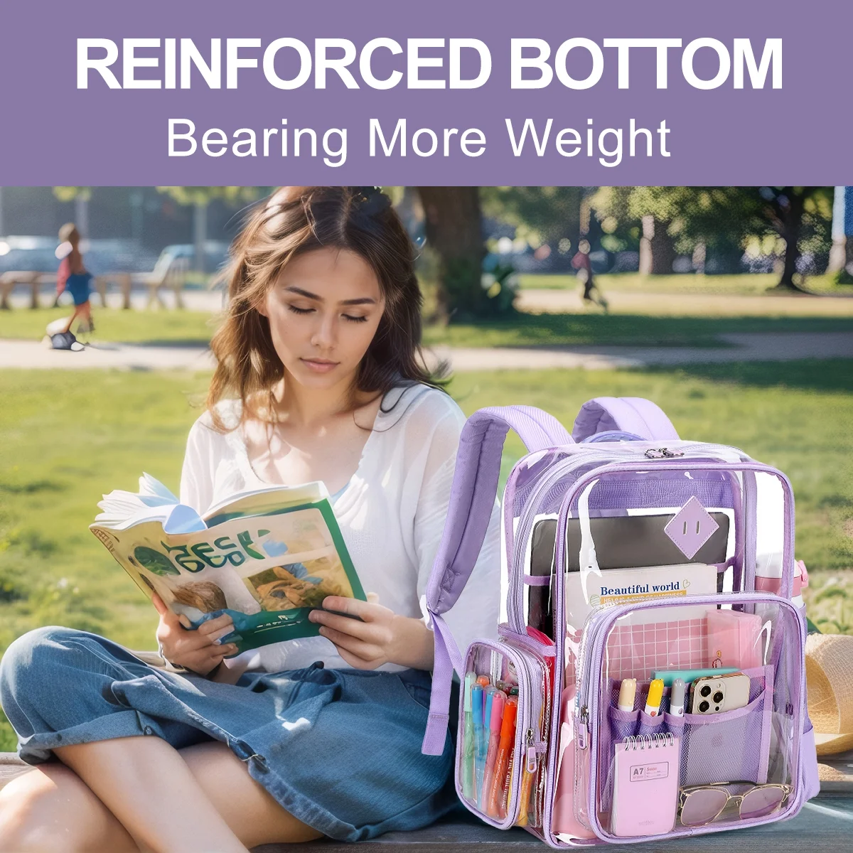 Sanmadrola Clear Backpack Heavy Duty Stadium Approved School Bookbag Large Waterproof PVC Transparent Backpacks for Kids Adults Clear Bag with Reinforced Strap for School Travel Purple