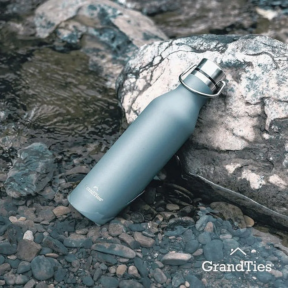 GrandTies Stainless Steel Water Bottles with 2 Lids | Slim Vacuum Insulated Cupholder Flask | Reusable Leak Proof BPA-Free Keep Cold Water bottle for School Gym Travel Sports | 21oz, Stone Gray