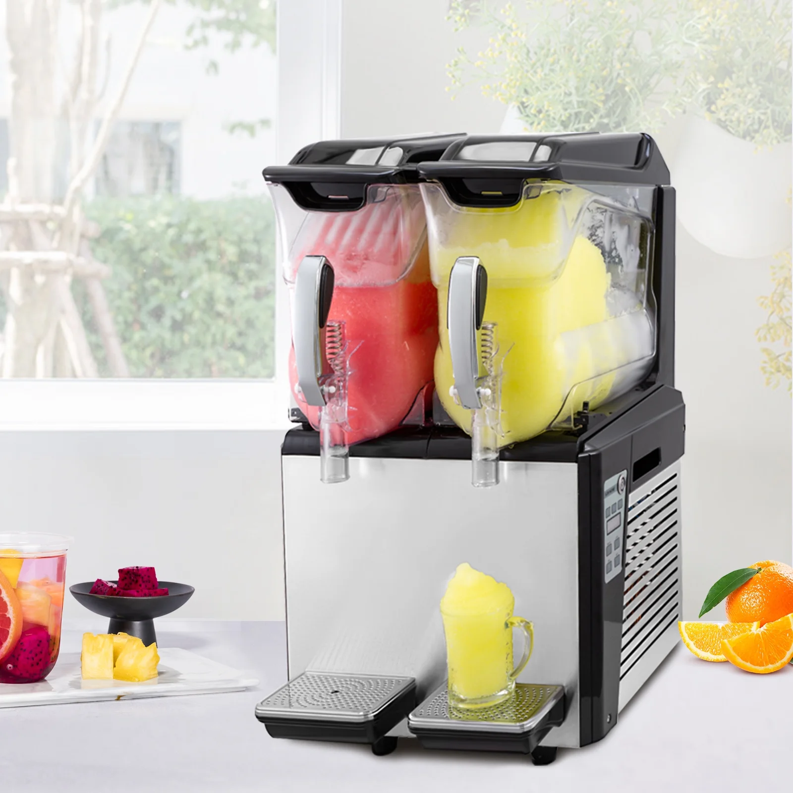 BENTISM Commercial Slushy Machine, 2 x 10 L Commercial Margarita Machine, 900W Black  Frozen Drink Maker, Temperature Slush 24.8°F to 28.4°F Slushie Machine, Black