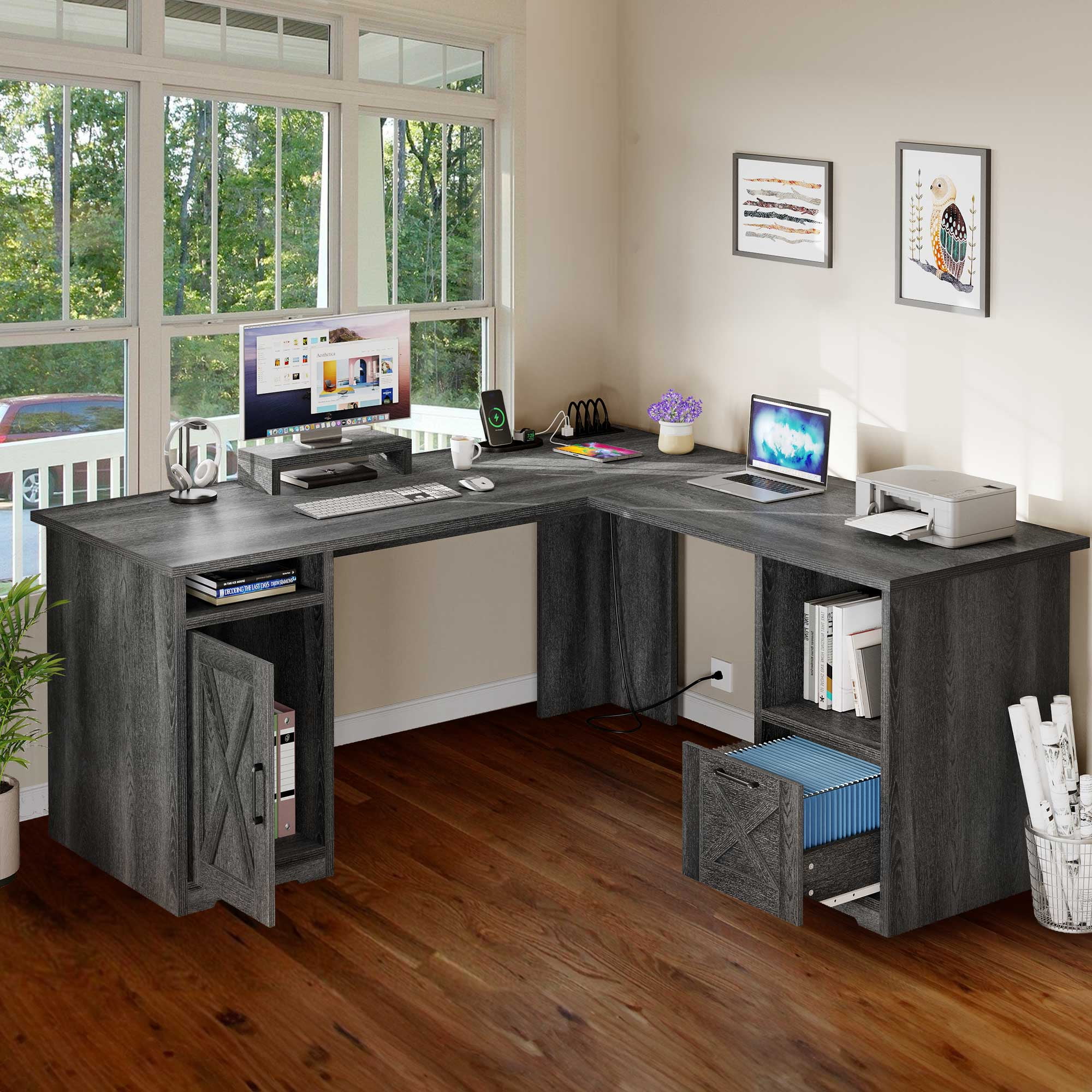 Dextrus 59 Inch L-Shaped Desk with Power Outlet & USB Ports, Office Desk with File Cabinets, Large Computer Desk with Drawers, 2 Person Corner Desk Writing Desk with Storage Shelves, Gray