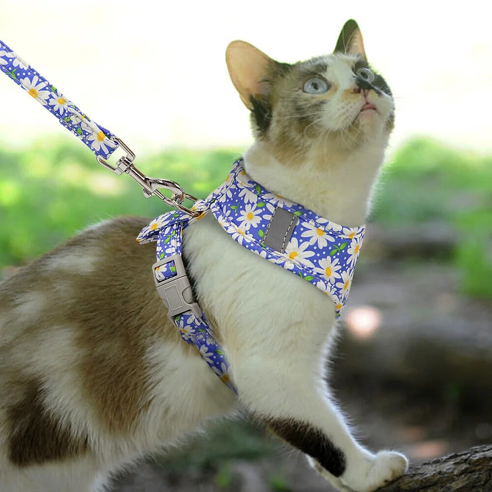 Floral Small Dog Harness and Leash Set Reflective Pet Cat Walking Vest Harnesses