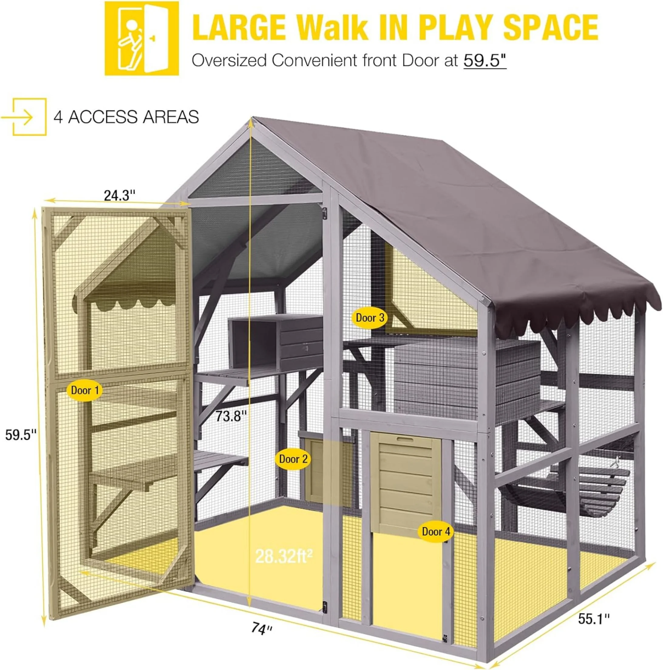 Morgete Large Cat Catio Walk-in Enclosure Wooden Cage with Bridges, Platforms, Rest Rooms, Roof Cover