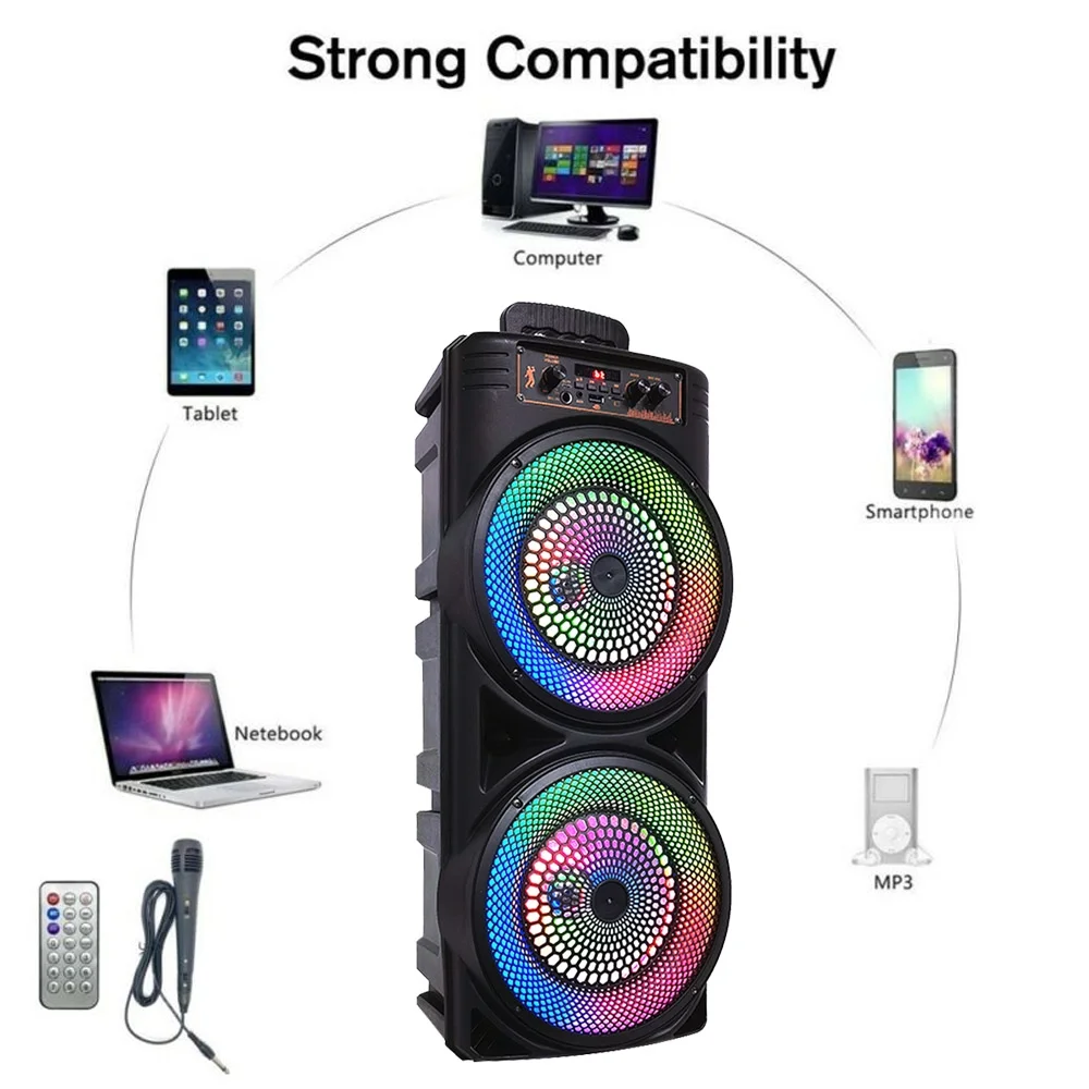 Tianlaimei Portable Bluetooth PA Speaker 5000W Dual 8 inch Subwoofer Heavy Bass Loud Sound System Party Speaker & Mic -FM/AUX/MP3/USB