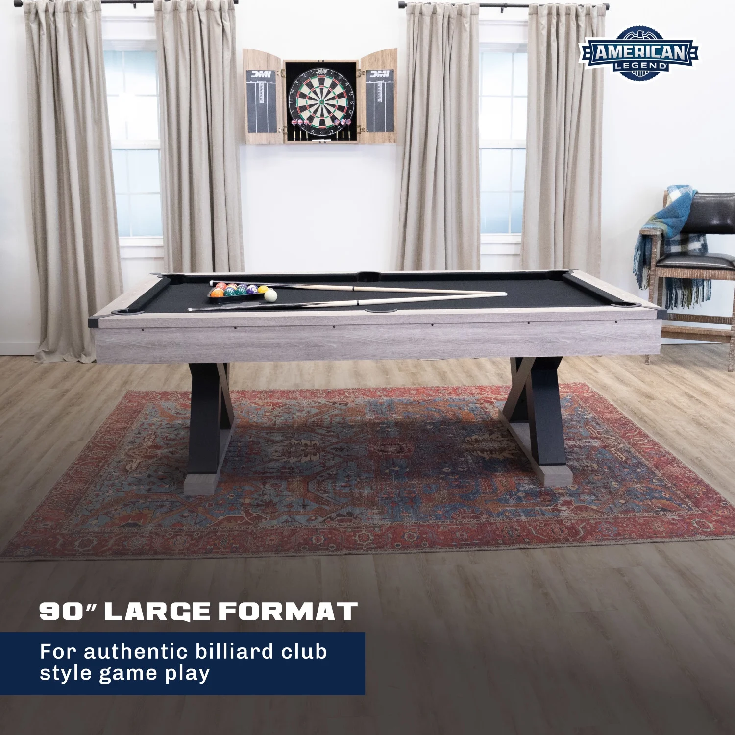 American Legend Kirkwood 90” Billiard Table with Rustic Finish, K-Shaped Legs and Black Cloth