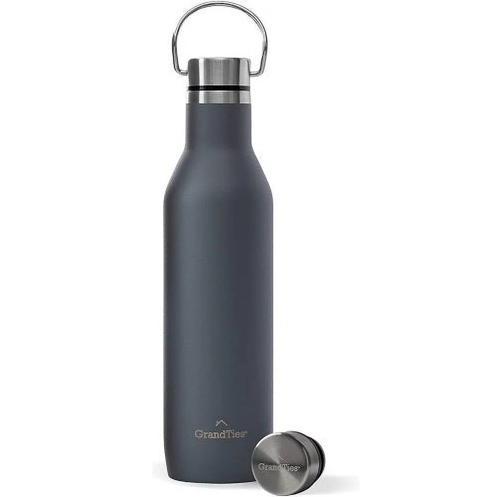 GrandTies Stainless Steel Water Bottles with 2 Lids | Slim Vacuum Insulated Cupholder Flask | Reusable Leak Proof BPA-Free Keep Cold Water bottle for School Gym Travel Sports | 21oz, Stone Gray