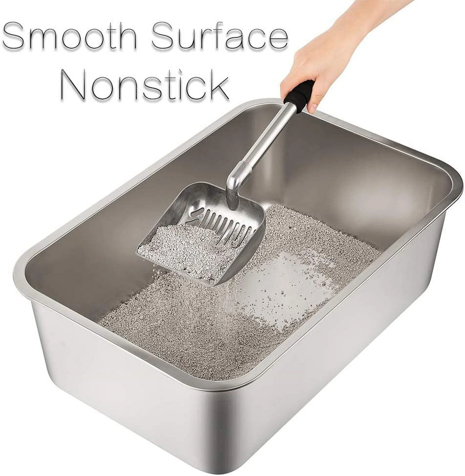 Stainless Steel Litter Box for Cat and Rabbit, Large Size with 8in High Sides and Non Slip Rubber Feet. Odor Control, Non Stick Smooth Surface, Easy to Clean, Never Bend