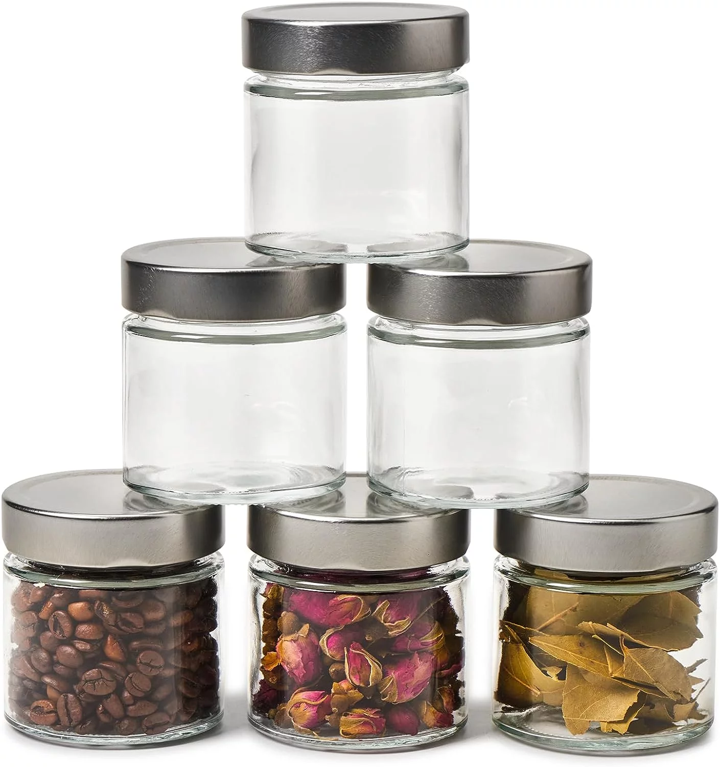 EZOWare 6oz Airtight Glass Jars with Brushed Silver Lids, Set of 6 Kitchen Clear Food Canister Storage Container for Yogurt, Jelly, Dessert, Honey, Jams, Sugar, Spices, and DIY Candles Decor