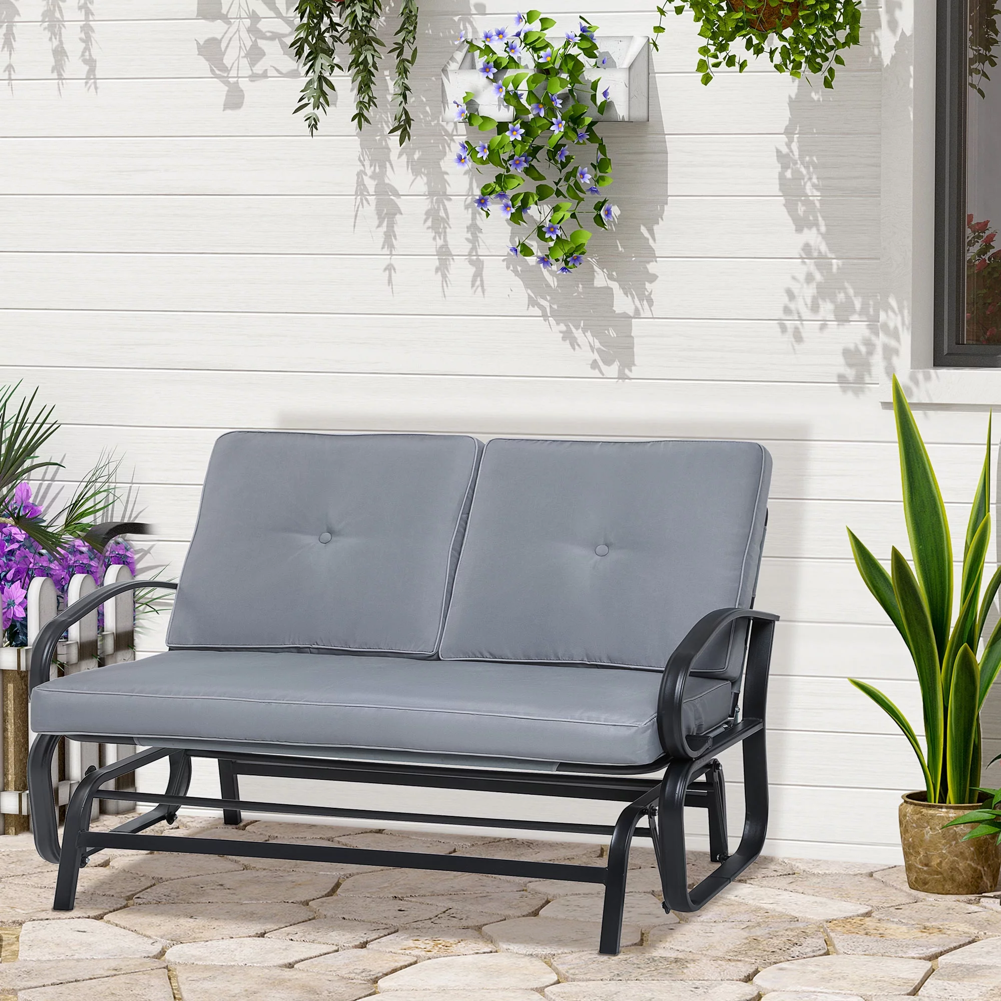 Outsunny Outdoor Garden 2-Person Gliding Chair Patio Glider with Cushions Grey