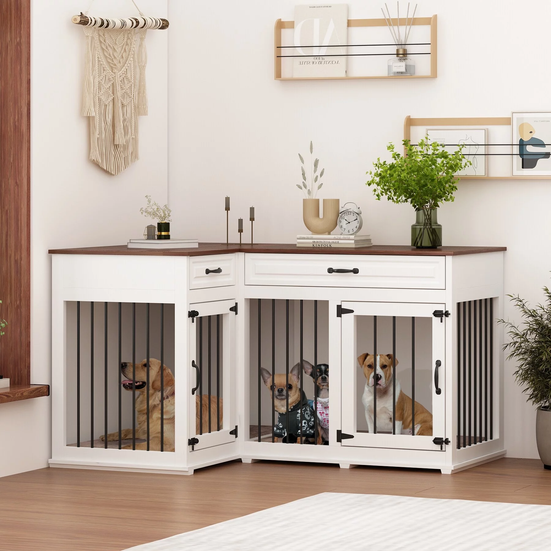 Large Corner Dog Crate Furniture For 2 Dogs With 2 Drawers TV Stand