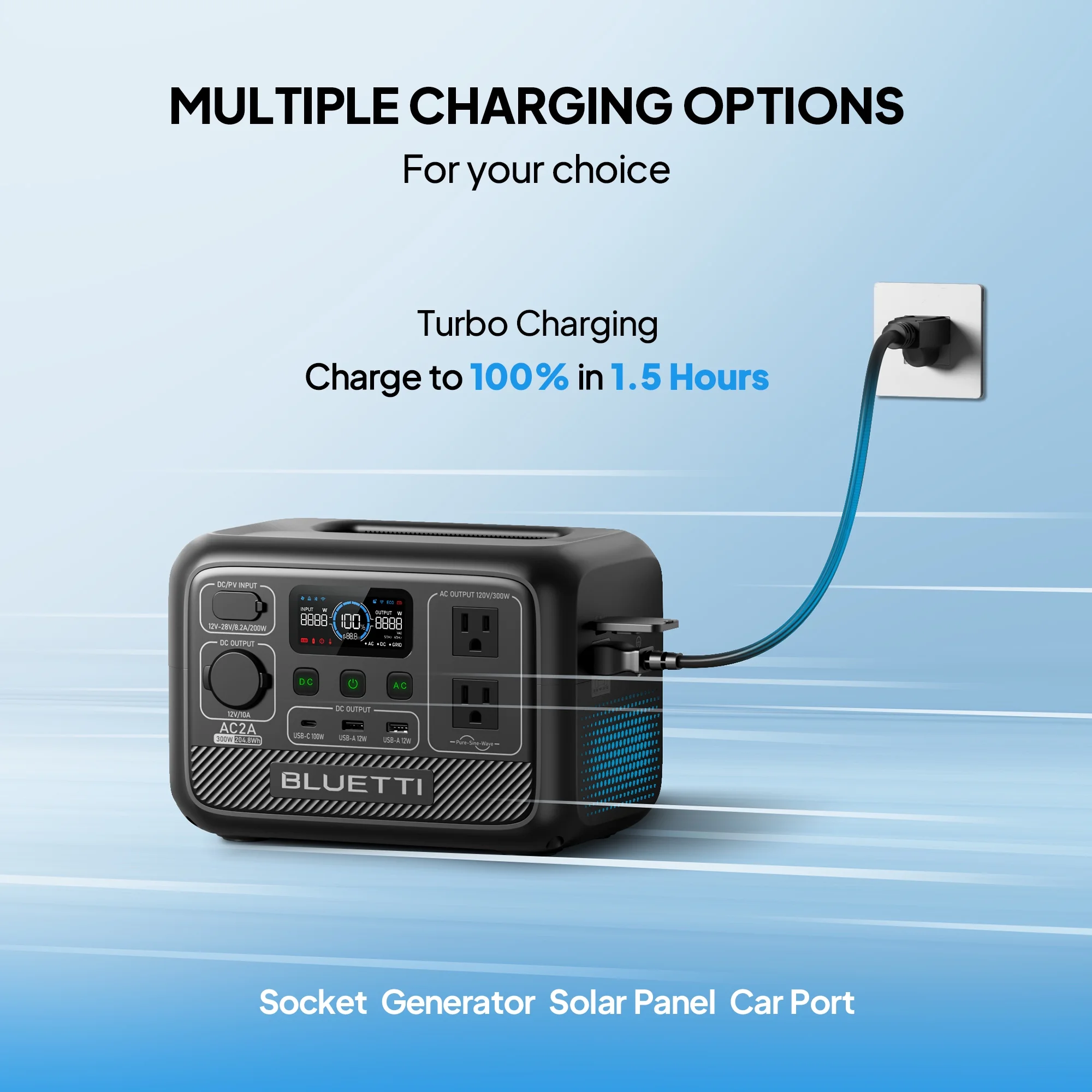 BLUETTI AC2A Portable Solar Generator, 204.8Wh LiFePO4 Power Station,W/Carry Bag,With 300W Rated Power (600W Lifting Power) for Camping, Hiking, Home, 0-80% Recharge in 45 Mins