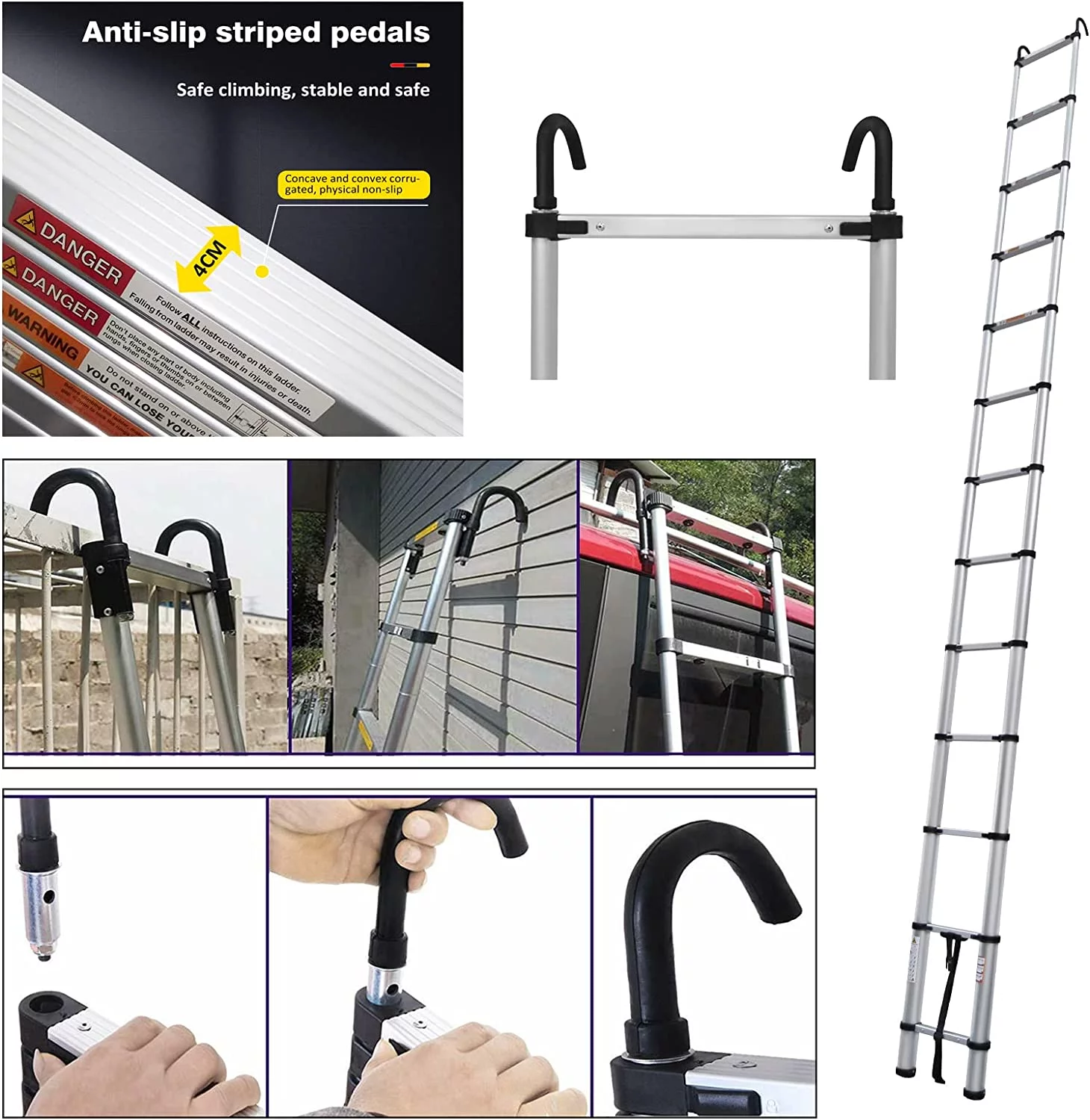 Telescoping Ladder 16FT Aluminum Telescopic Ladder with 2 Detachable Roof Hooks, Roof Ladder Extension Collapsible Ladder for RV, Multi-Purpose Folding Ladder, Outdoor Work Ladder 330lbs Max Capacity