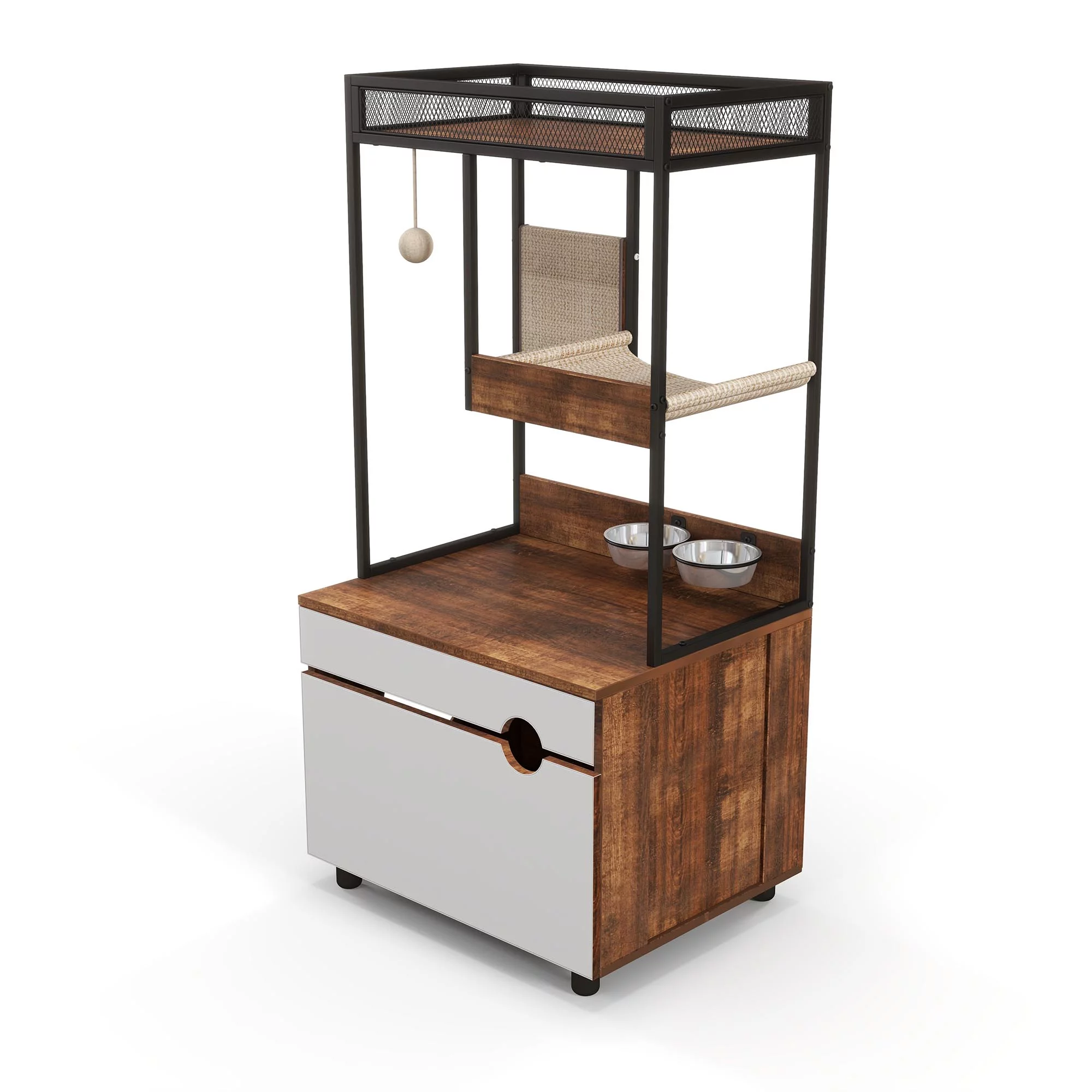 Hidden Cat Litter Box Enclosures with Cat Tree Tower, Cat Furniture with Scratching Pads and Large Storage Space, Industrial Cat Cabinet with Shelves and Doors, Rustic Brown