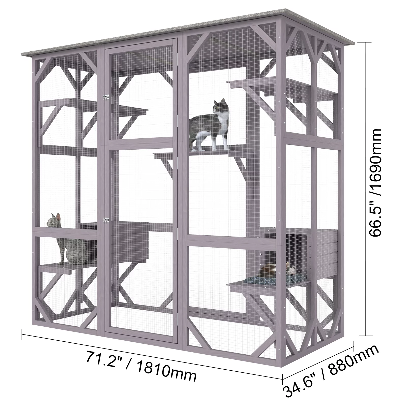 SKYSHALO Cat House Outdoor, 7-Tier Large Catio, Cat Enclosure with 5 Platforms, 2 Resting Boxes & Large Front Door, 71.2 x 34.6 x 66.5 inch
