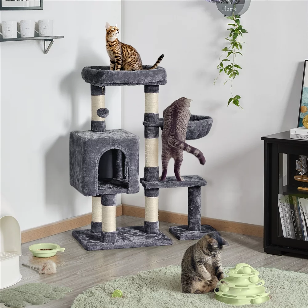 Easyfashion 4-Level Plush Cat Tree Cat Pet Scratching Stand with Condo, Dark Gray
