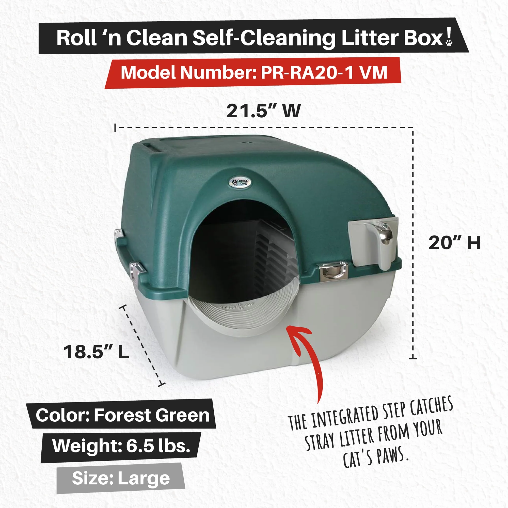 Omega Paw Premium Roll 'N Clean Self Cleaning Litter Box, Large, Green