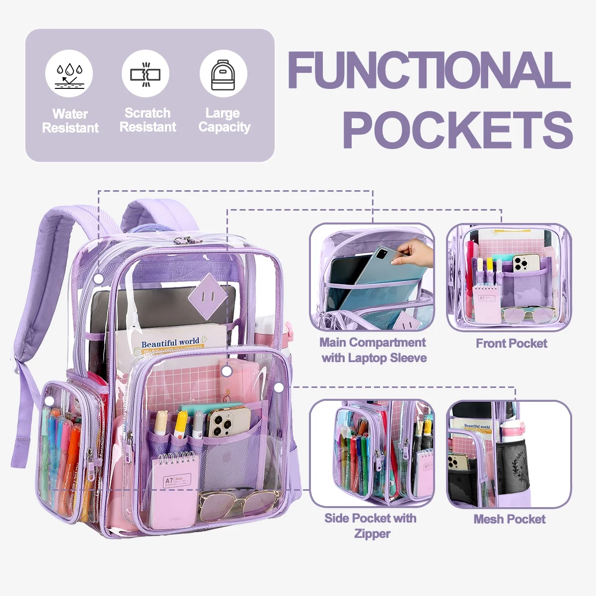 Sanmadrola Clear Backpack Heavy Duty Stadium Approved School Bookbag Large Waterproof PVC Transparent Backpacks for Kids Adults Clear Bag with Reinforced Strap for School Travel Purple