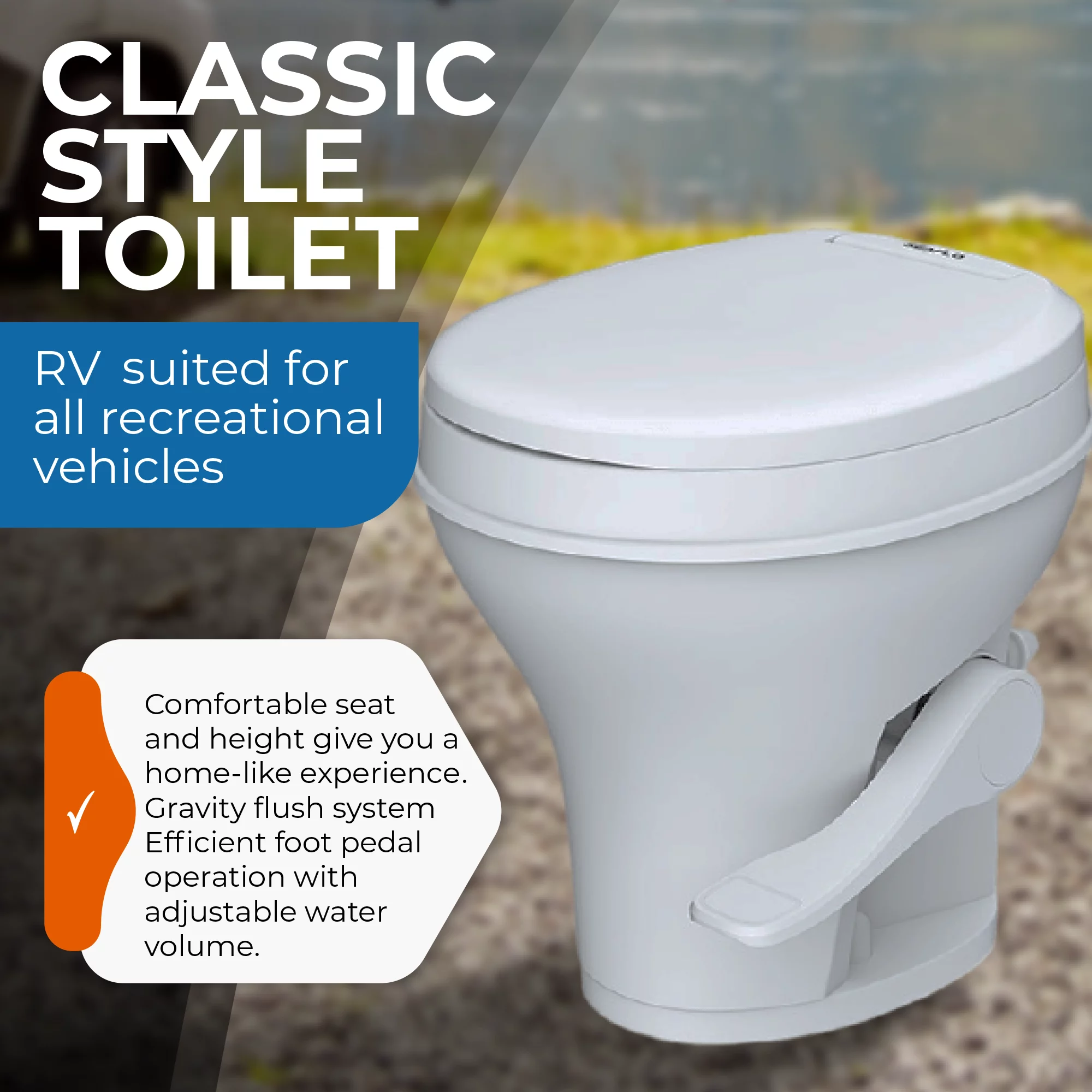 SEAFLO RV Toilet - Standard Height, Gravity Flush, Foot Pedal, Soft Close Lid