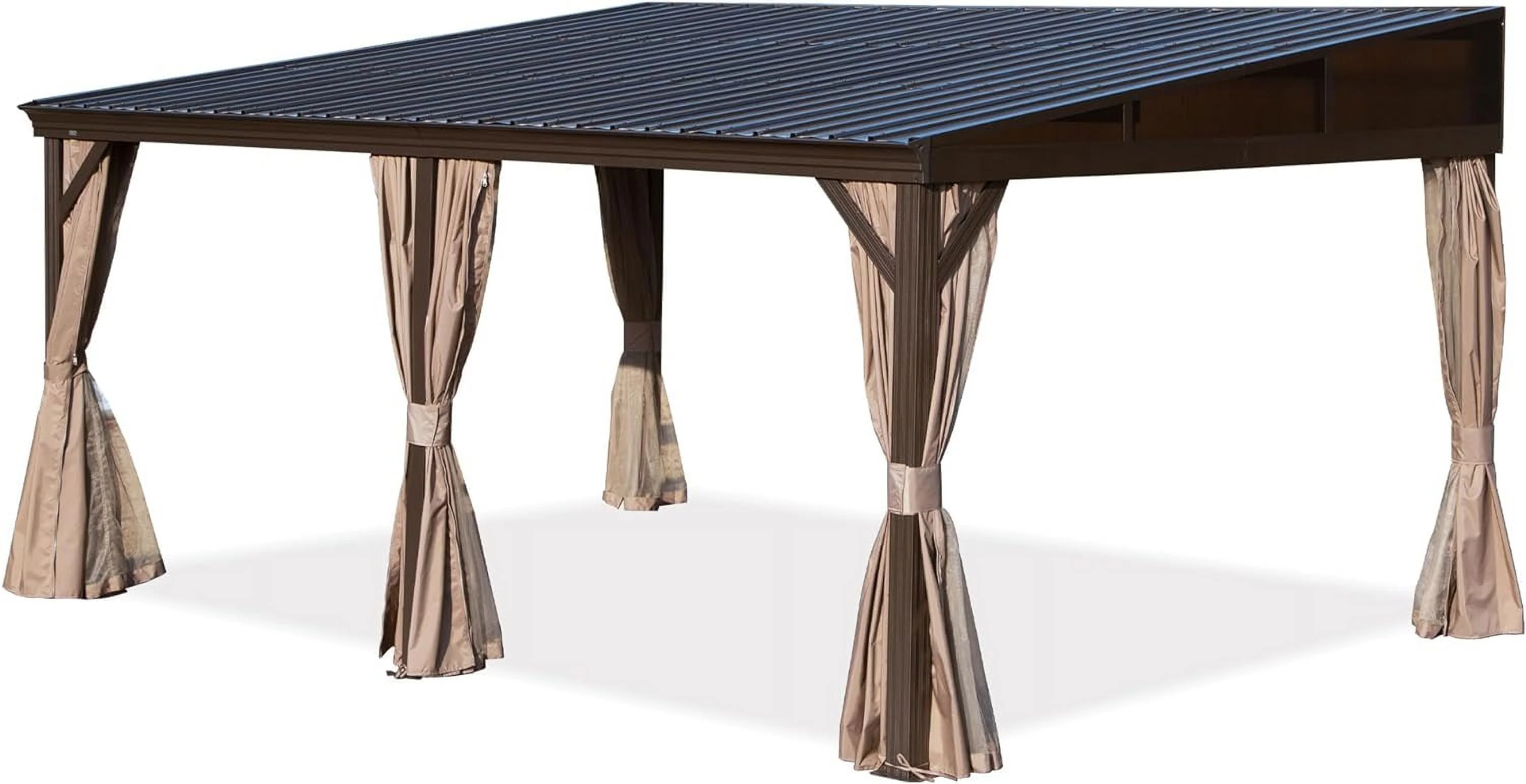 Domi 12x16FT Lean to Gazebo, Outdoor Hardtop Wall Mounted Gazebo with Sloping Galvanized Steel Roof, Durable Aluminum Frame, Netting Curtain for Deck, Porch, Backyard