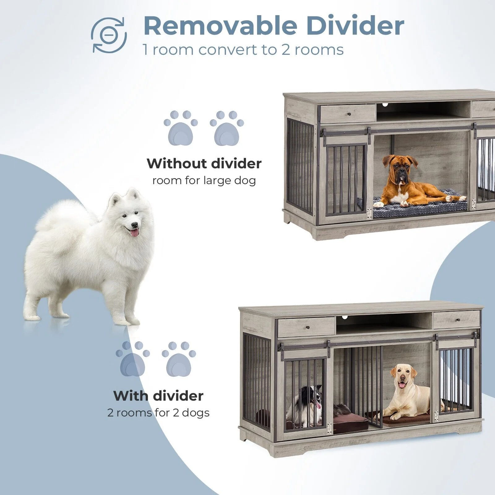 Dog Crate Furniture Large Breed TV Stand with Drawer & 2 Sliding Doors Grey