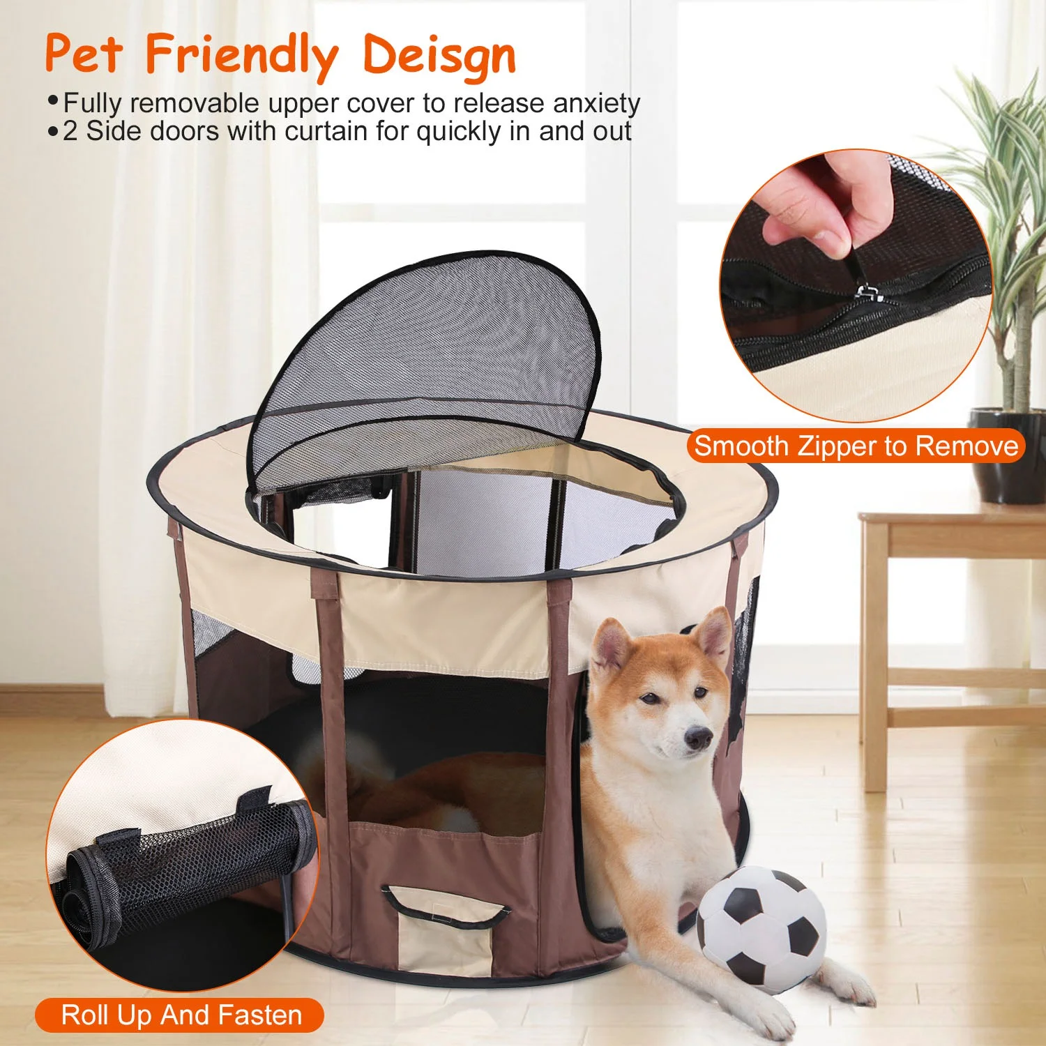 Foldable Dog Playpen iMounTEK Pet Playpen Tent with Carry Bag Waterproof Breathable Detachable Upper Cover for Dog Cat Rabbit Indoor Outdoor Brown S