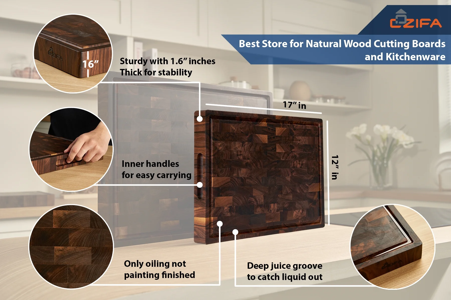 Cozifa Walnut Wood Cutting Board, Oil Wax Finished, Gift Box, 17x12x1.6-in