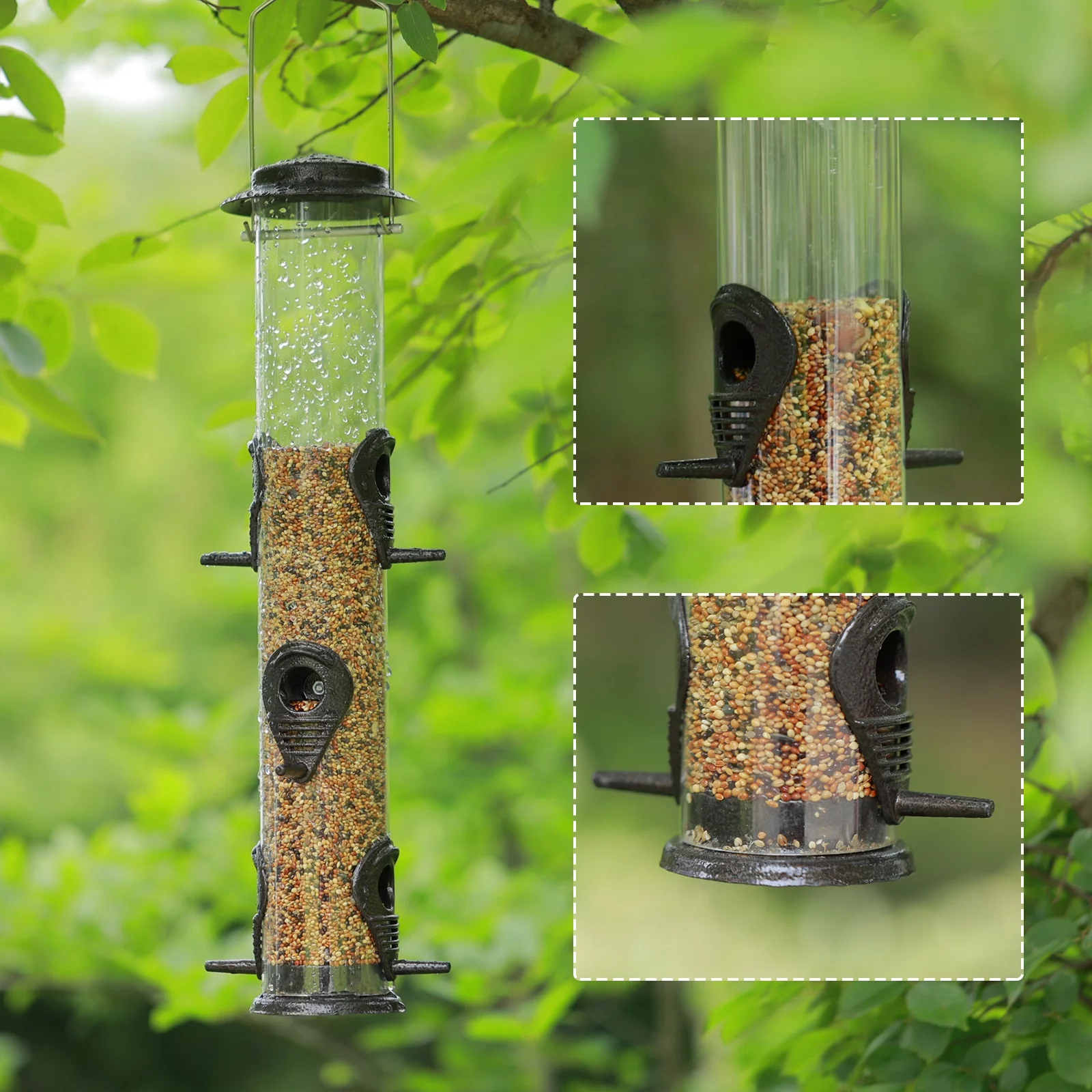 Urban Deco Metal Bird Feeder Tube Hanging Wild Bird Seed Feeder, Steel Hanger  Great for Attracting Birds (Coffee)