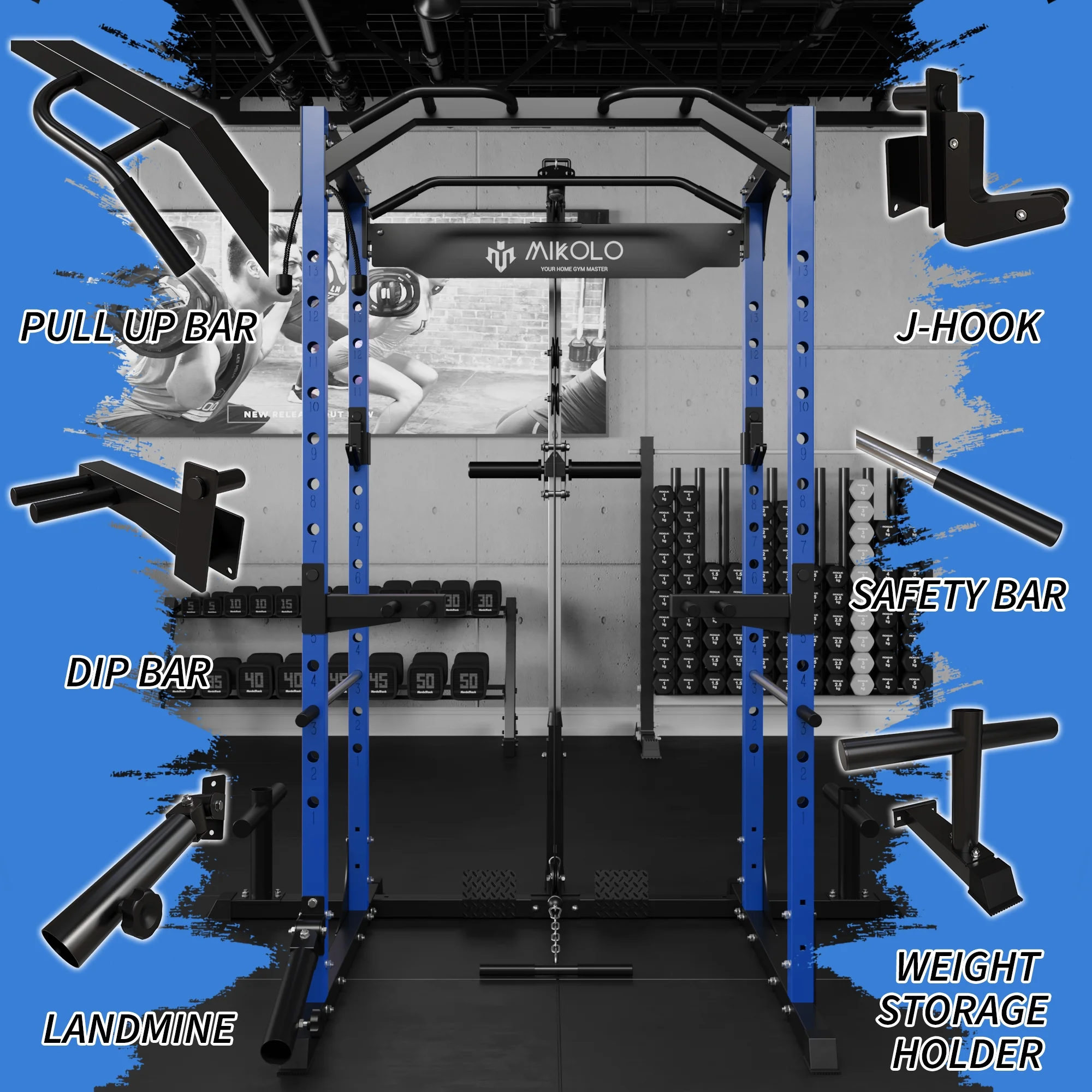 Mikolo Power Rack Cage with LAT Pulldown System, 1200LBS Capacity Power Rack, Multi-Functional Squat Rack with 13-Level Adjustable Height and J-Hooks, Dip Bars, T-Bar, Squat Cage(Upgraded)