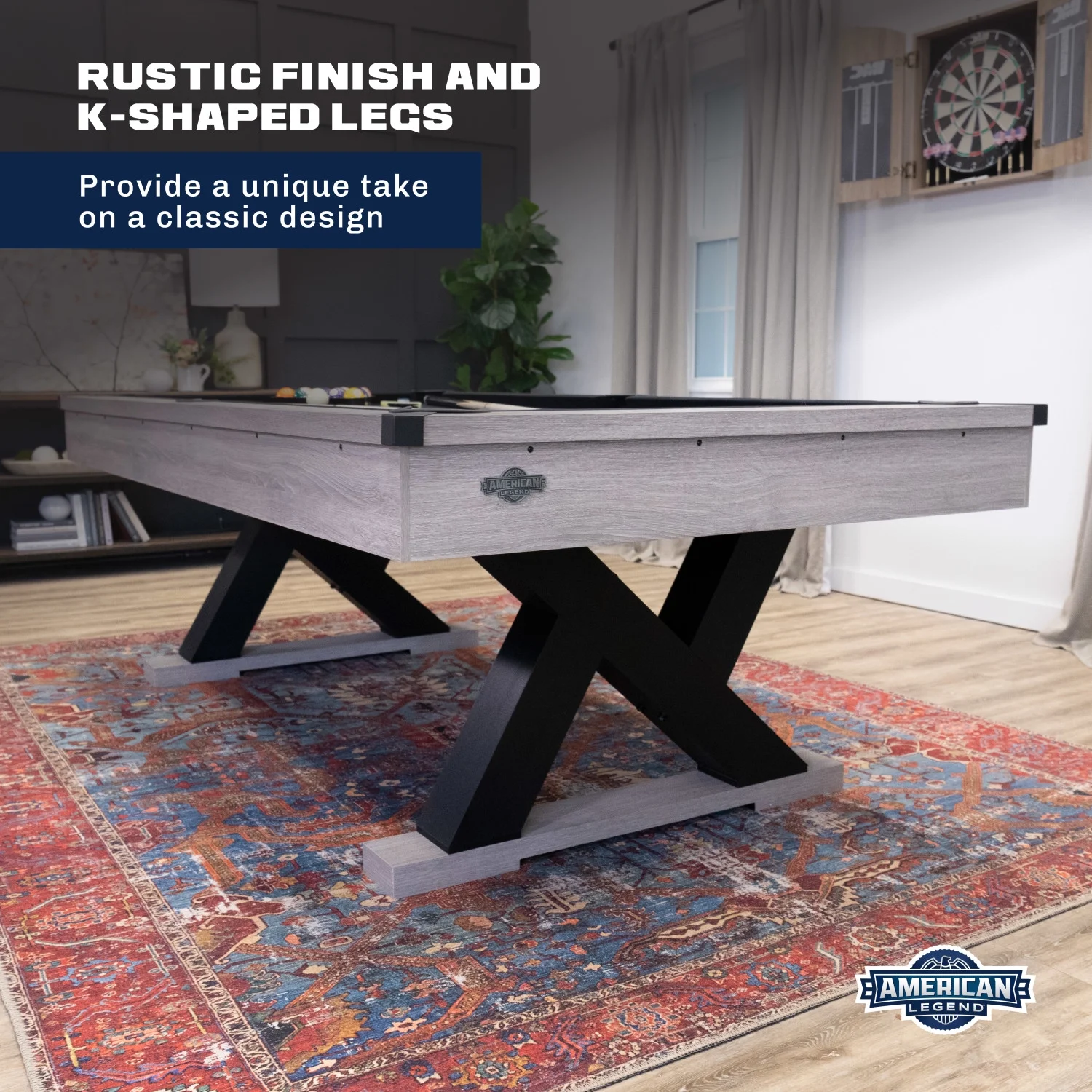 American Legend Kirkwood 90” Billiard Table with Rustic Finish, K-Shaped Legs and Black Cloth