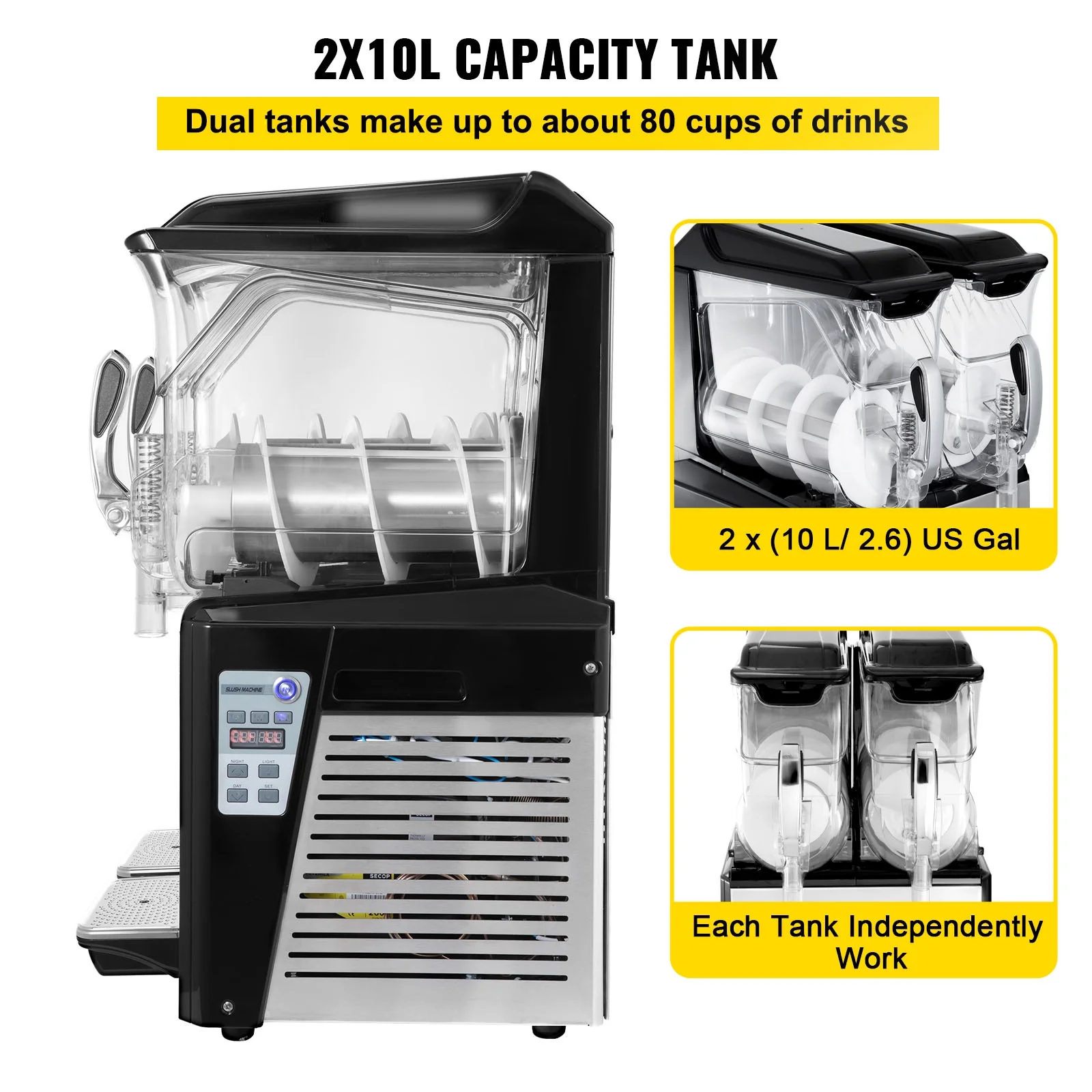 BENTISM Commercial Slushy Machine, 2 x 10 L Commercial Margarita Machine, 900W Black  Frozen Drink Maker, Temperature Slush 24.8°F to 28.4°F Slushie Machine, Black