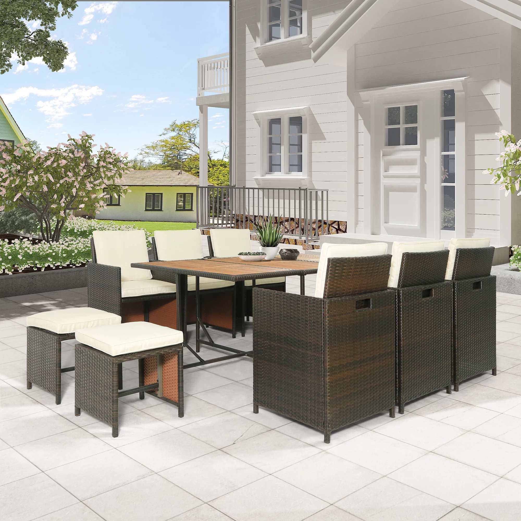 Euroco 11 Pieces Patio Dining Table Set All-Weather PE Wicker Table Set for 10 Persons, Brown Rattan & Beige Cushion