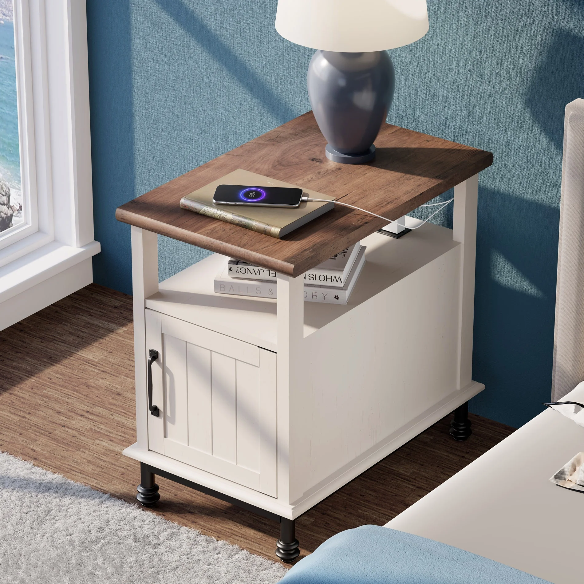WAMPAT 3 Pieces Living Room Table Sets,1 Farmhouse TV Stand, 1 Coffee Table with Drawer,1 End Table with Charging Station, White/Oak