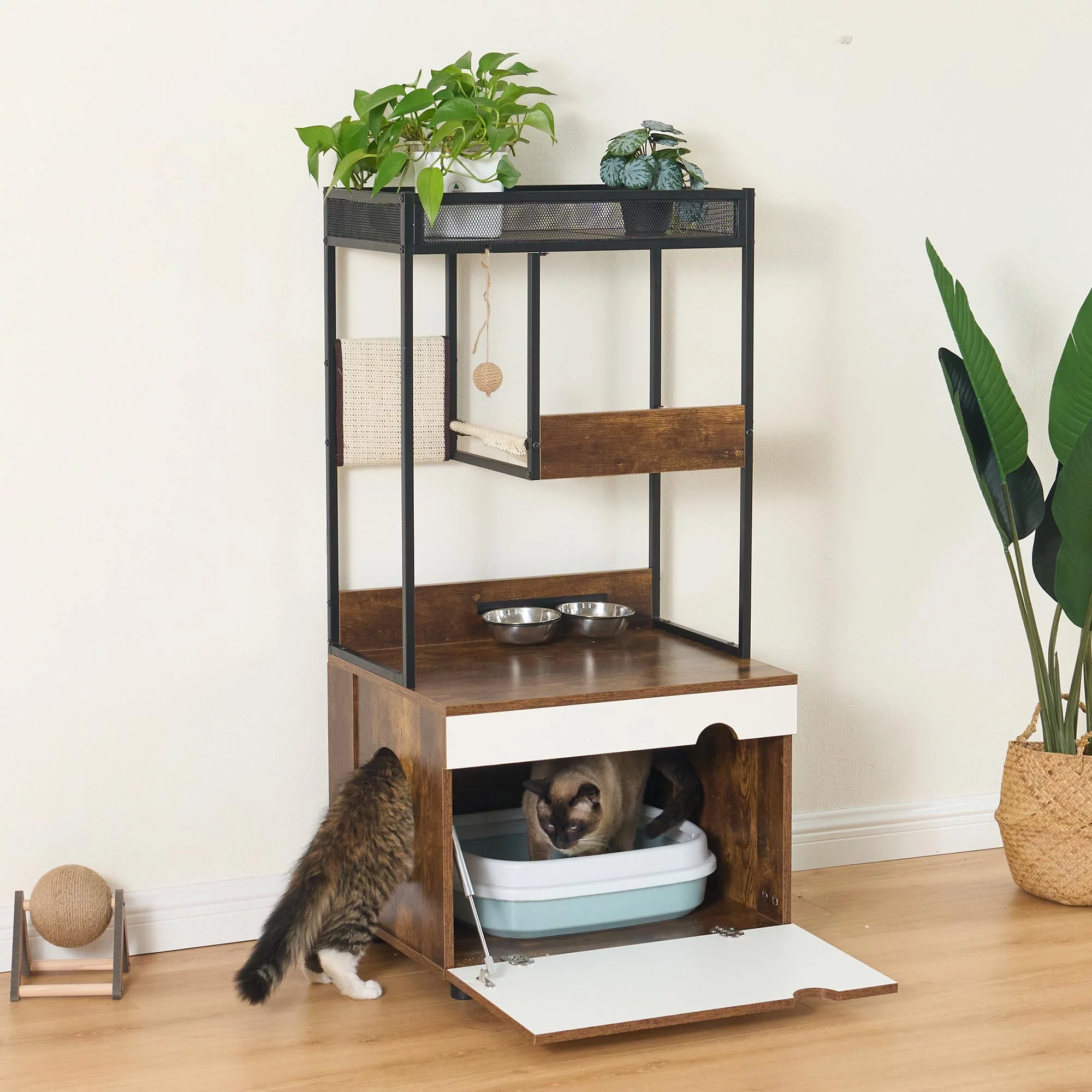 Hidden Cat Litter Box Enclosures with Cat Tree Tower, Cat Furniture with Scratching Pads and Large Storage Space, Industrial Cat Cabinet with Shelves and Doors, Rustic Brown