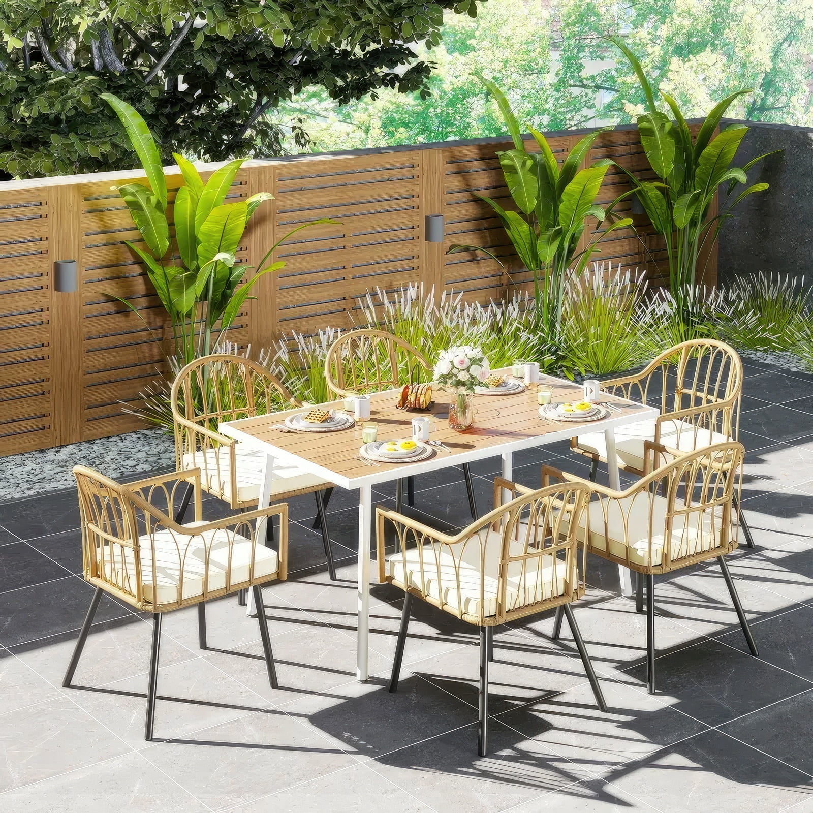 Dextrus 7 Pieces Outdoor Patio Dining Set with 6 Rattan Wicker Dining Chair & Rectangle Table with Umbrella Hole for 6-Person, Beige