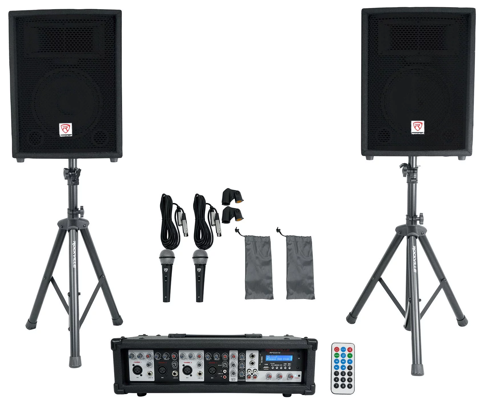 Rockville RPG2X10 Package PA System Mixer/ Amp+10 inch Speakers+Stands+Mics+ Bluetooth