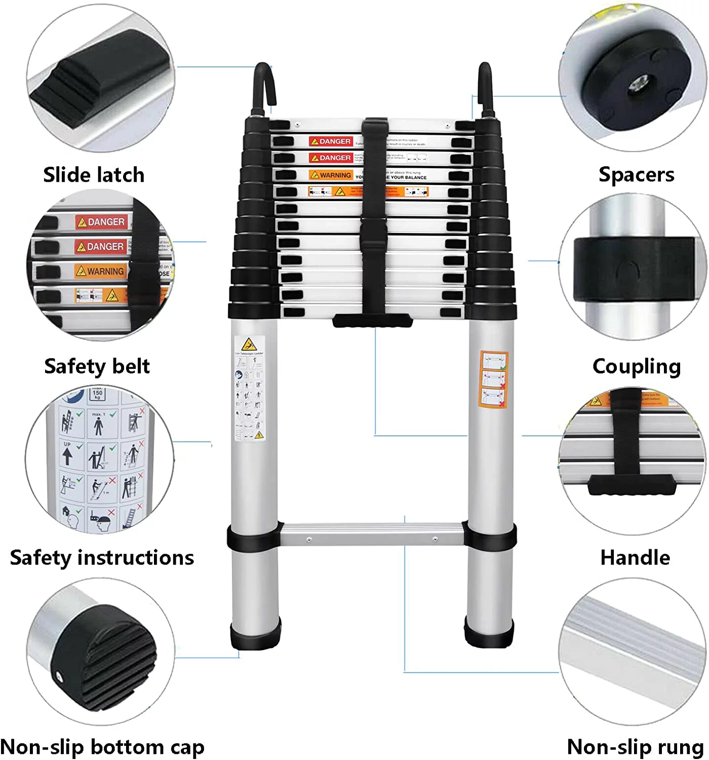 Telescoping Ladder 16FT Aluminum Telescopic Ladder with 2 Detachable Roof Hooks, Roof Ladder Extension Collapsible Ladder for RV, Multi-Purpose Folding Ladder, Outdoor Work Ladder 330lbs Max Capacity