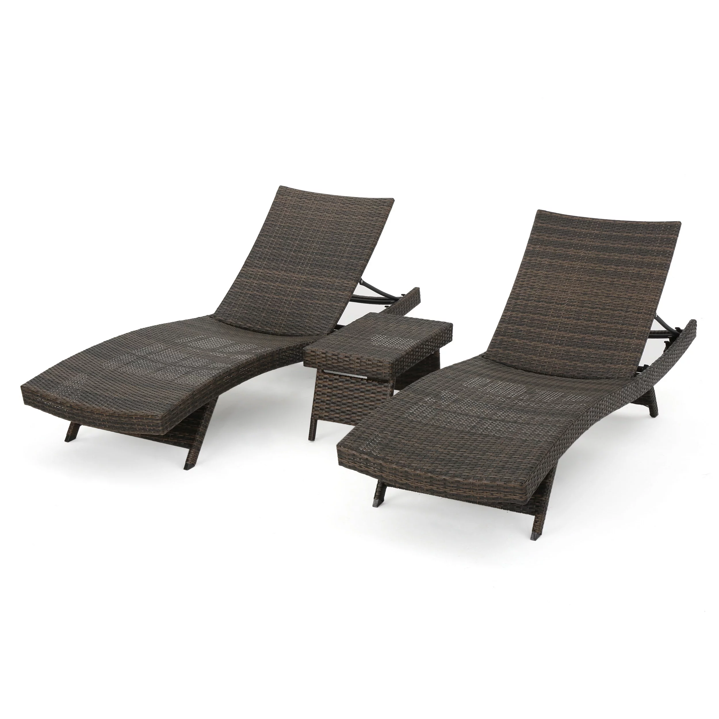 Bailee Outdoor 3 Piece Armless Wicker Chaise Lounge and Table Set, Mix Mocha