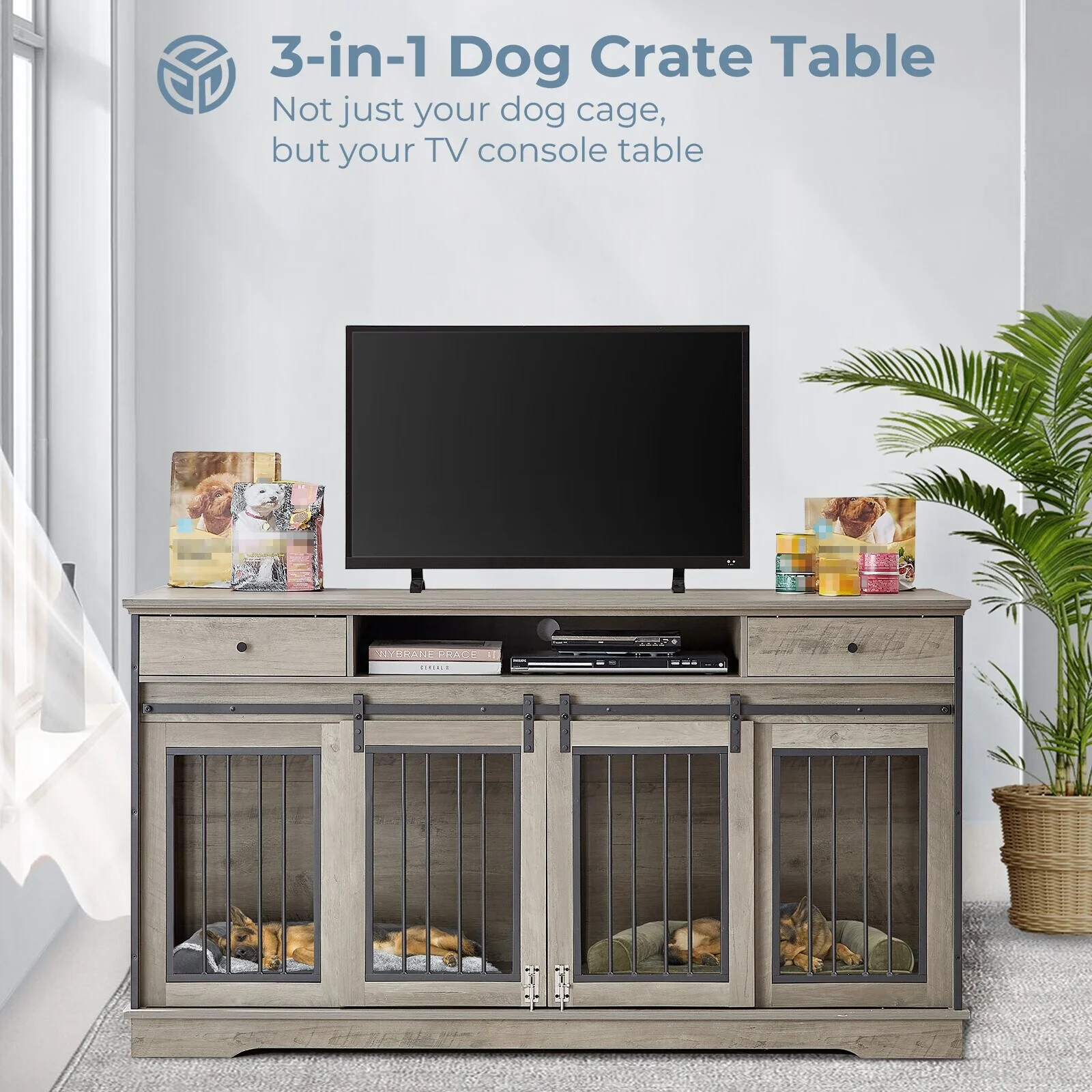 Dog Crate Furniture Large Breed TV Stand with Drawer & 2 Sliding Doors Grey