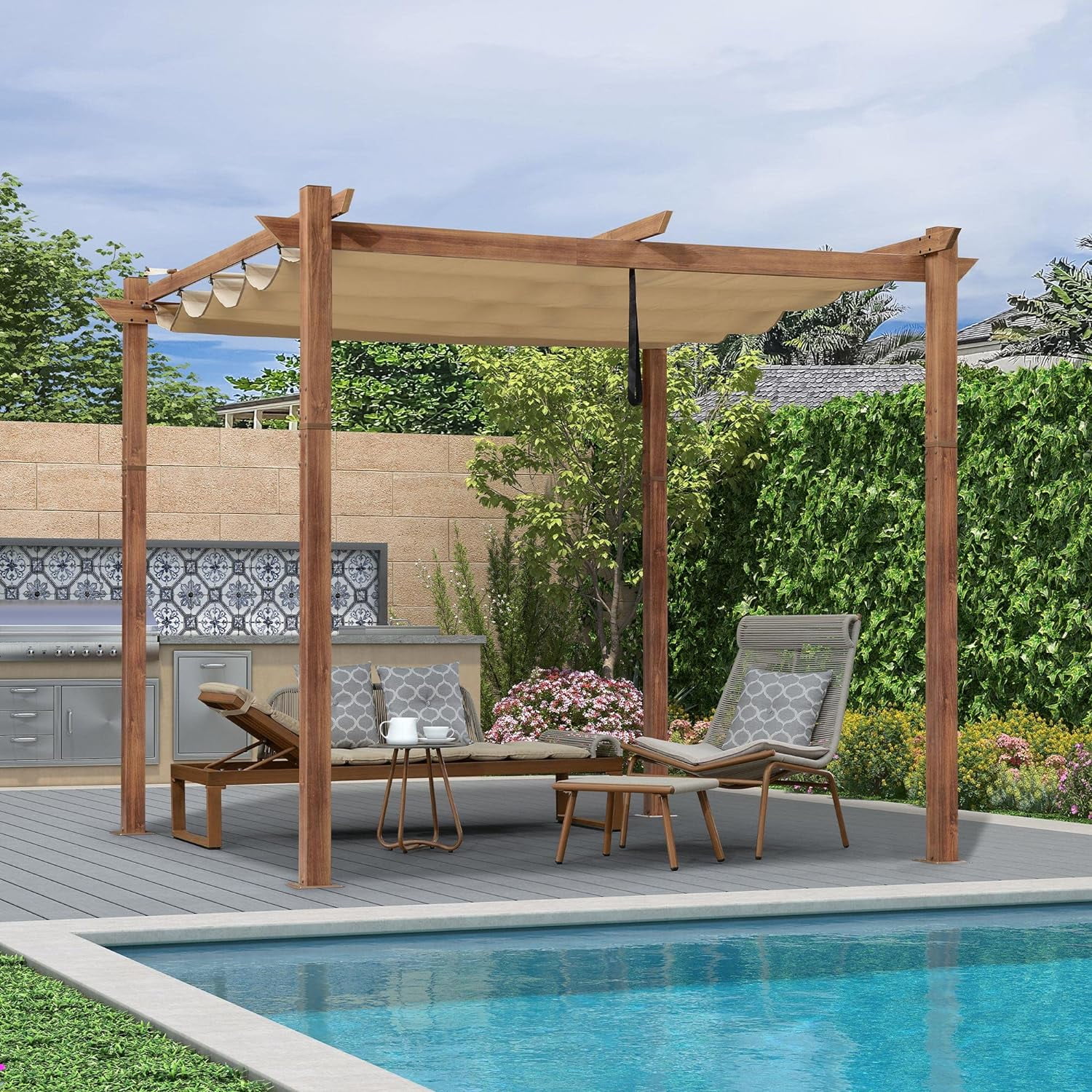 PURPLE LEAF 10' x 10' Outdoor Retractable Pergola with Sun Shade Canopy Patio Metal Shelter for Garden Porch Beach Pavilion Natural Wood Grain Aluminum Frame Modern Yard Grill Pergola, Beige