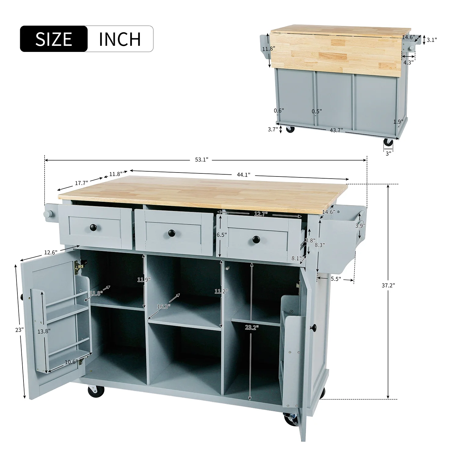 Churanty Kitchen Island with Drop Leaf and Wheels Rolling Kitchen Cart with Storage and Cabinet and 3 Drawers for Dining Room,Blue